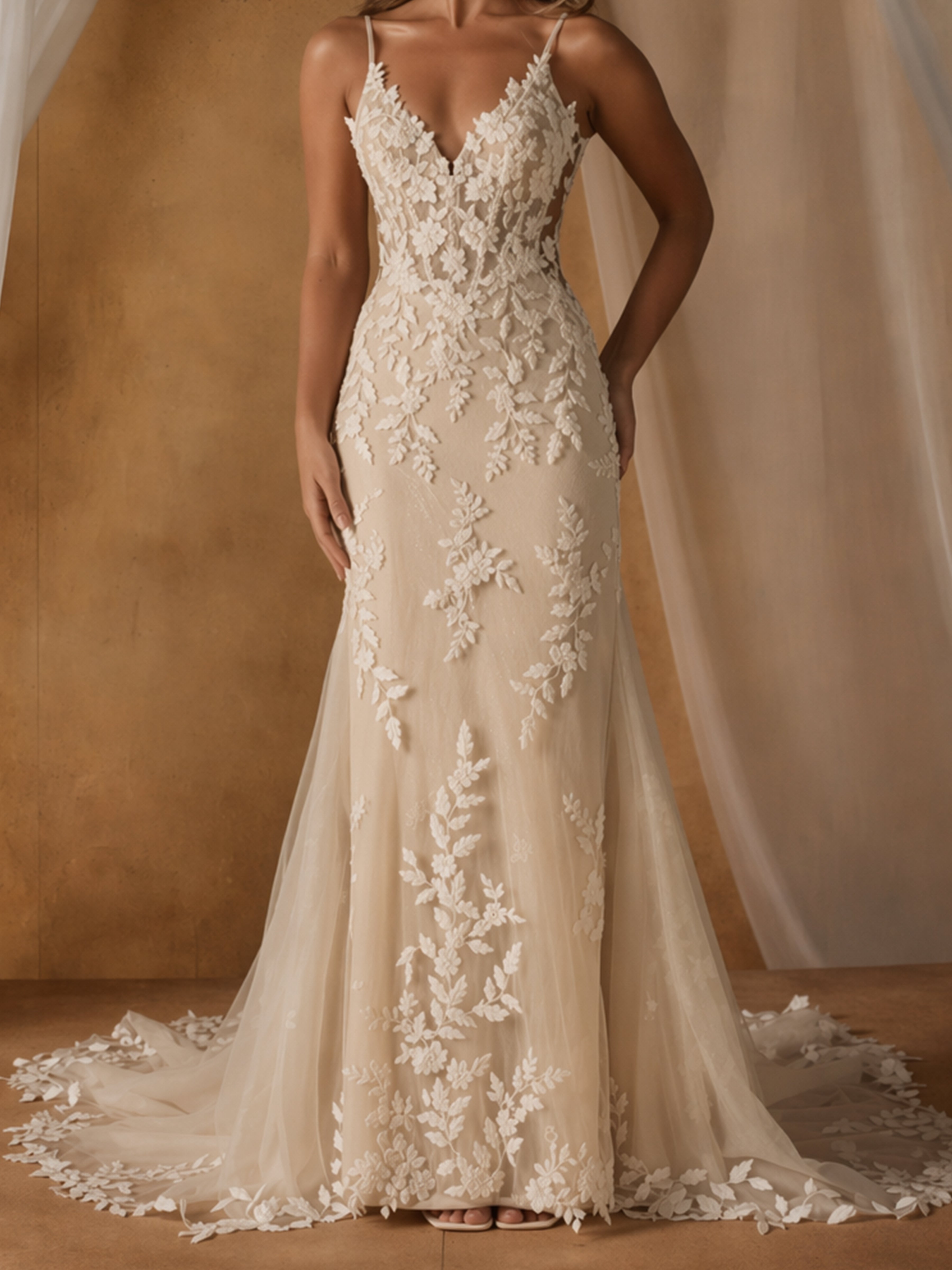 ROVDESY  Spaghetti Strap Deep V Neck Floral Lace Mermaid Wedding Dress Bridal Gown