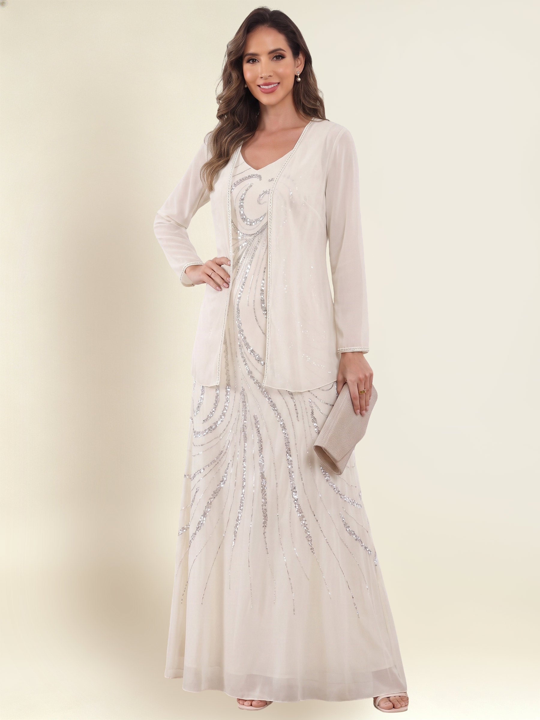 ROVDESY 2 Pieces V-Neck Sequin Chiffon Long Mother Of The Bride Dress With Long Sleeve Jacket