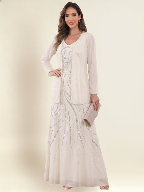 2 Pieces V-Neck Sequin Chiffon Long Mother Of The Bride Dress With Long Sleeve Jacket