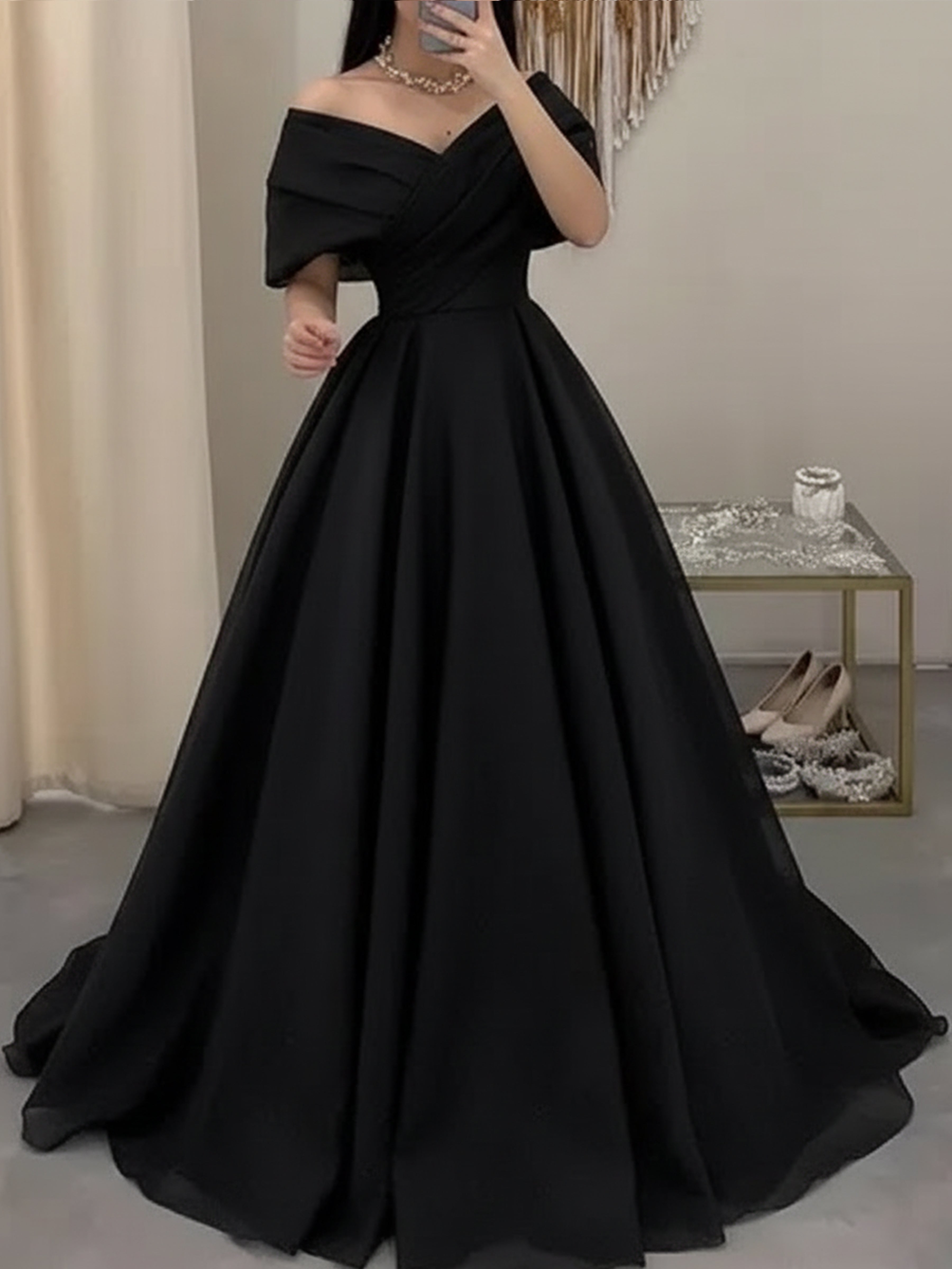 ROVDESY Off The Shoulder A-Line Ball Gown Satin Wedding Dress Bridal Gown