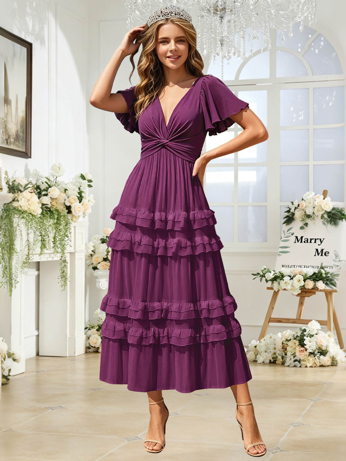 A Line Chiffon Pleated Bridesmaid Dress with Sleeves