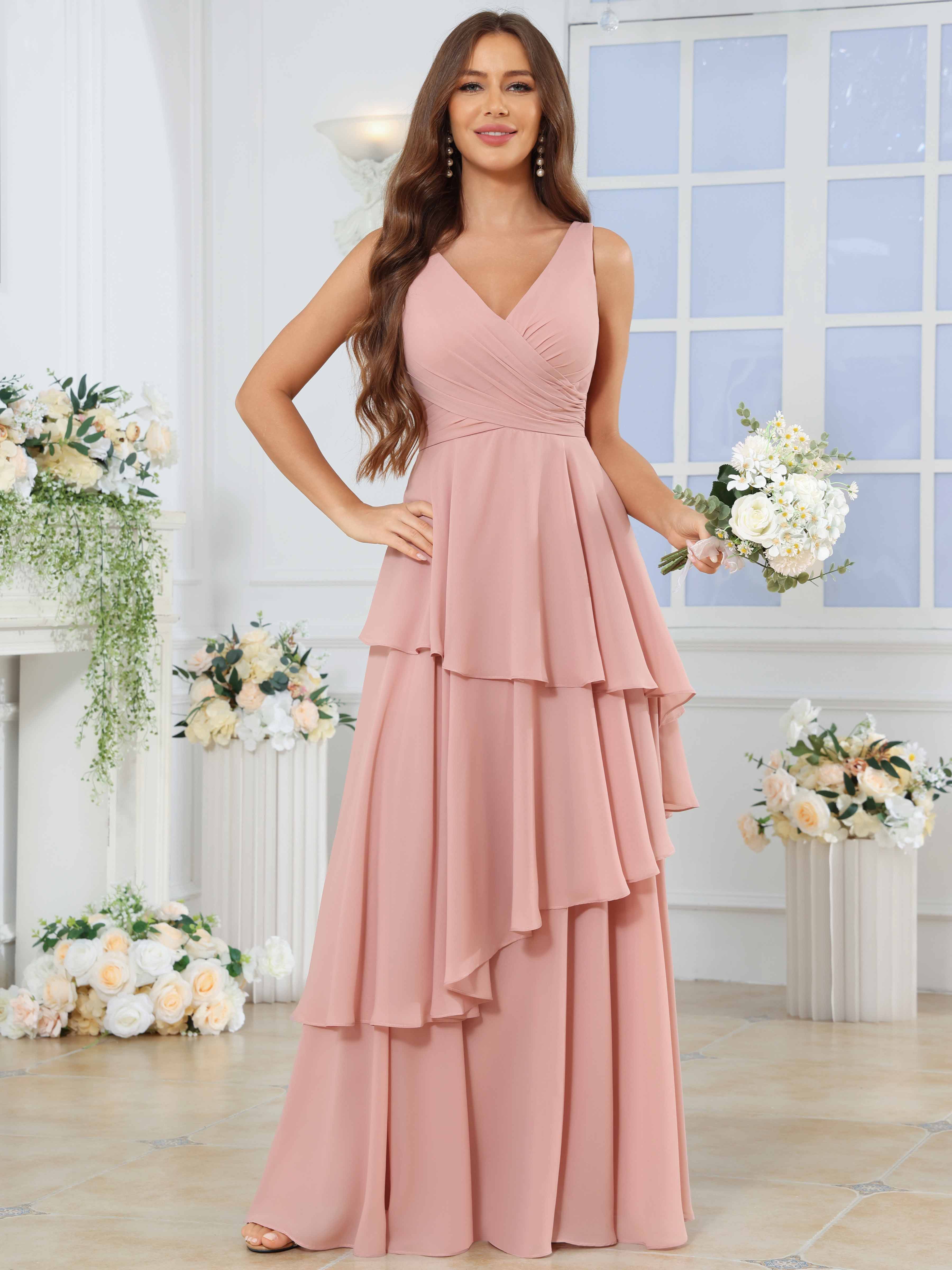 ROVDESY Long Sleeveless V-Neck Tiered Pleated Chiffon Bridesmaid Dress