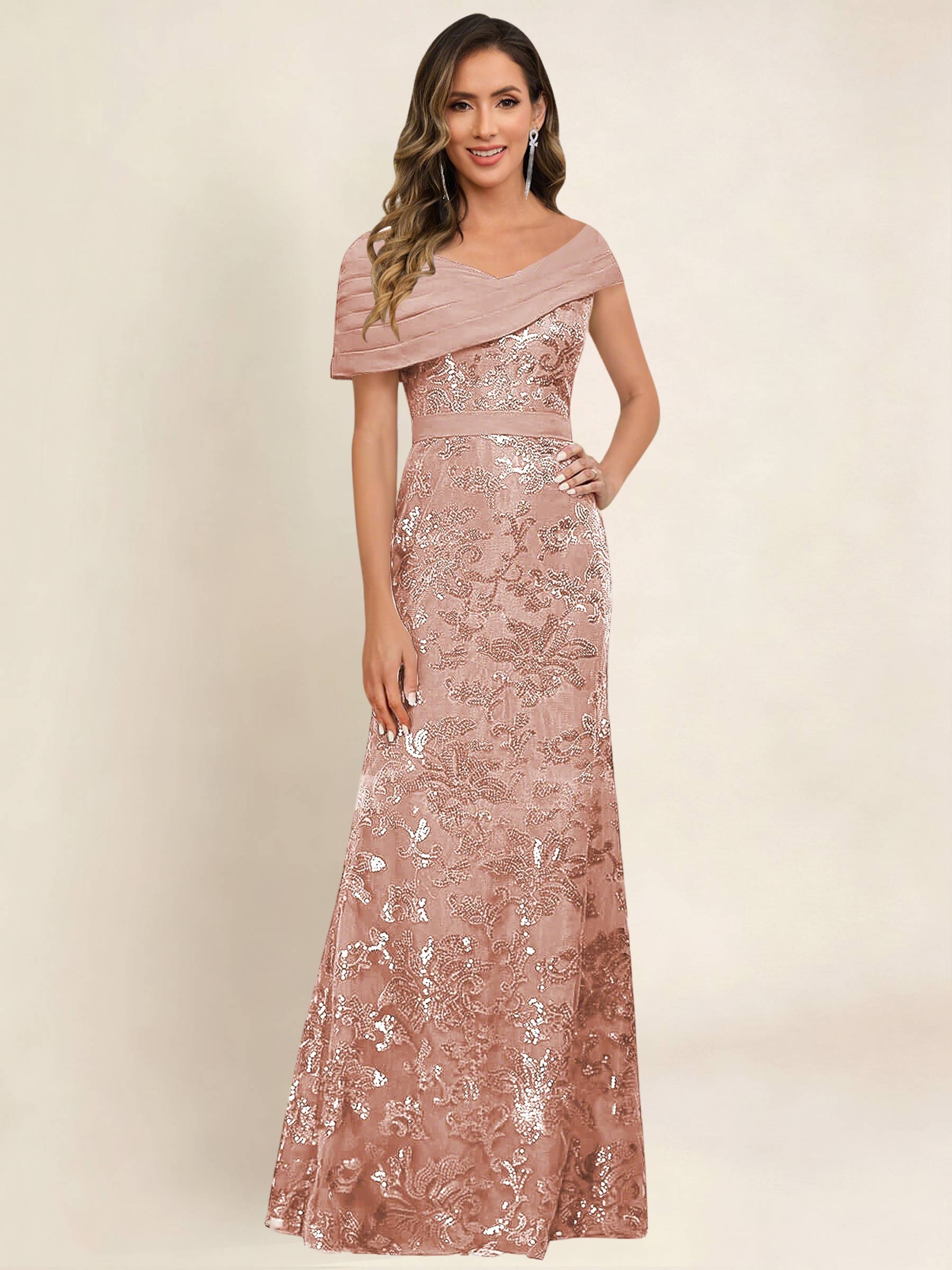 ROVDESY Off the Shoulder Sequin Mermaid Long Mother Of The Bride Dress Formal Gown