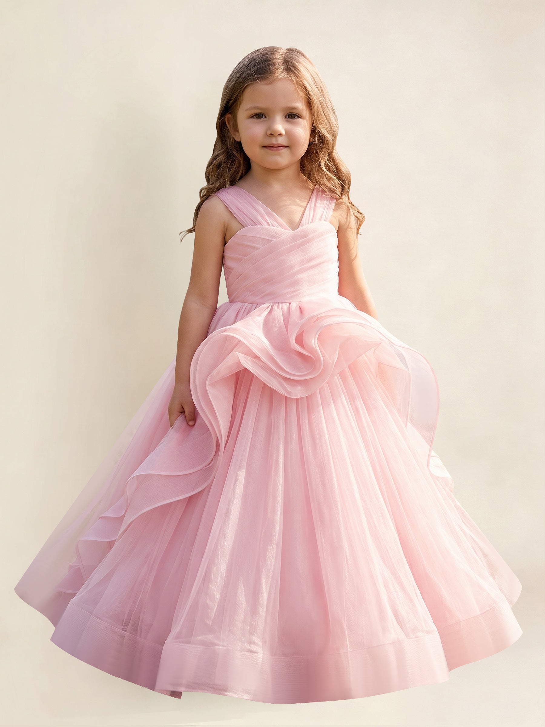 ROVDESY A-Line V-Neck Tulle Flower Girl Dress With Sleeveless Long Ball Gown Dress