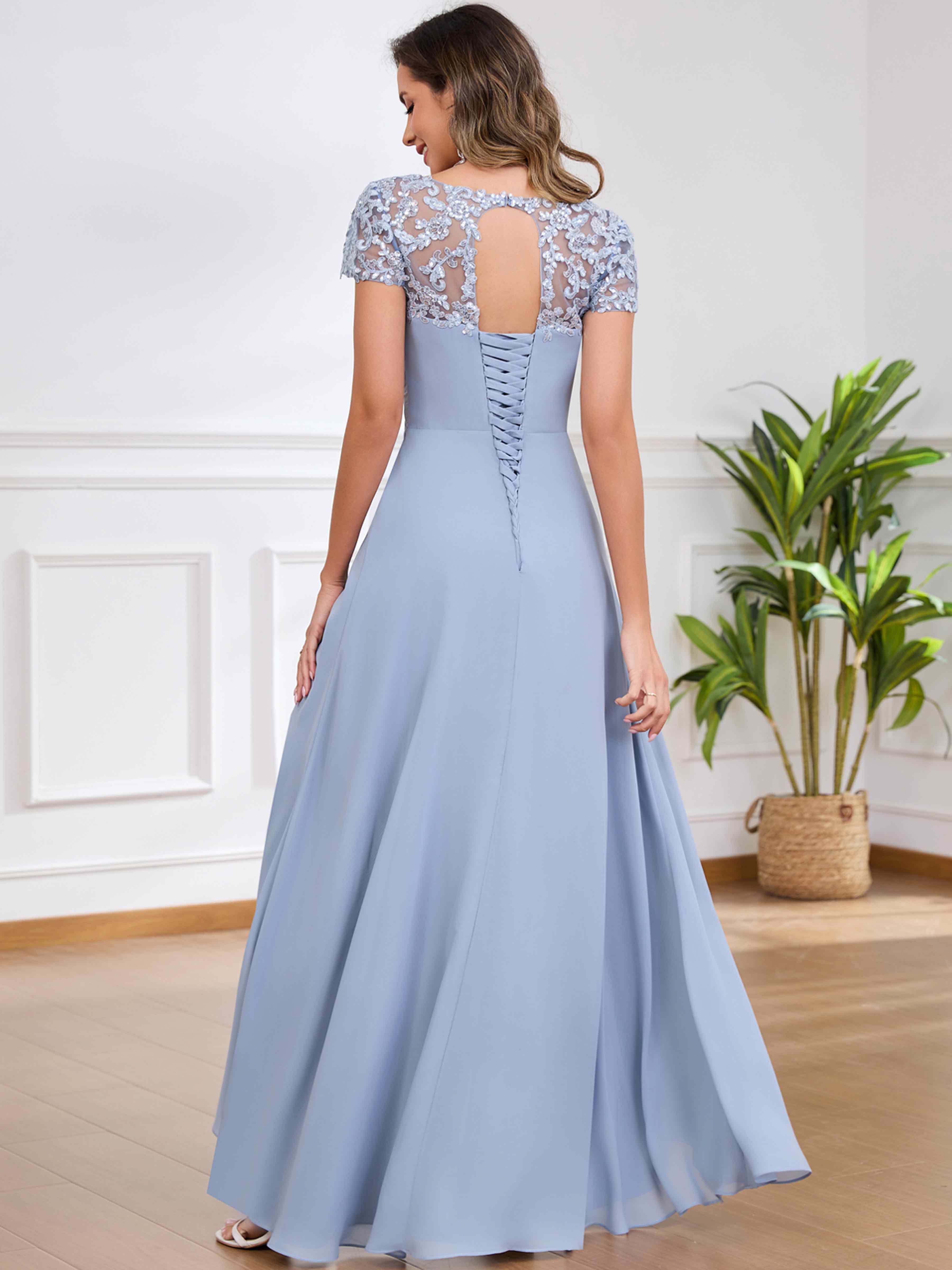 ROVDESY A-Line Pleated Lace Sequin Ruffle Chiffon Mother Of The Bride Dress With Slit