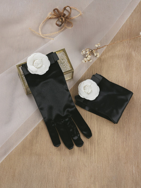 Black Satin Opera Gloves with White Camellia Flower Accent