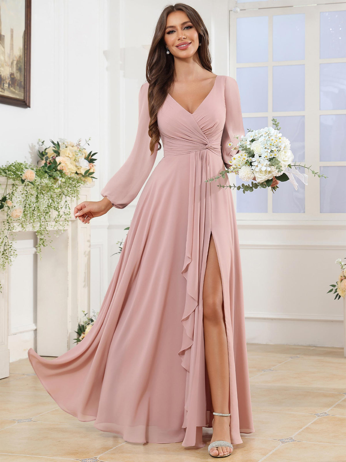 V Neck Chiffon Long Sleeve Bridesmaid Dresses with Slit