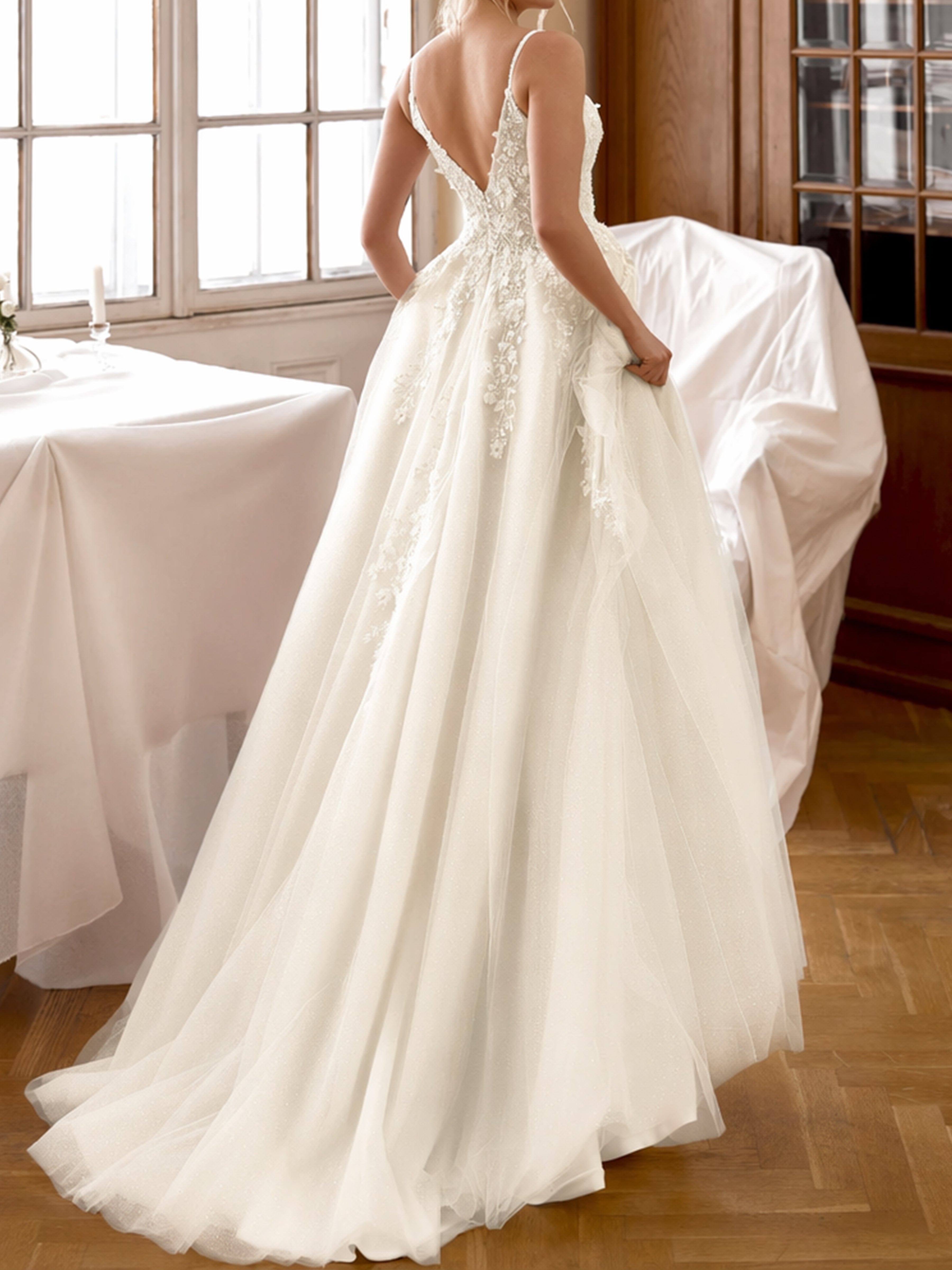 ROVDESY  Spaghetti Strap Deep V Neck Lace A-Line Wedding Dress Bridal Gown With Slit