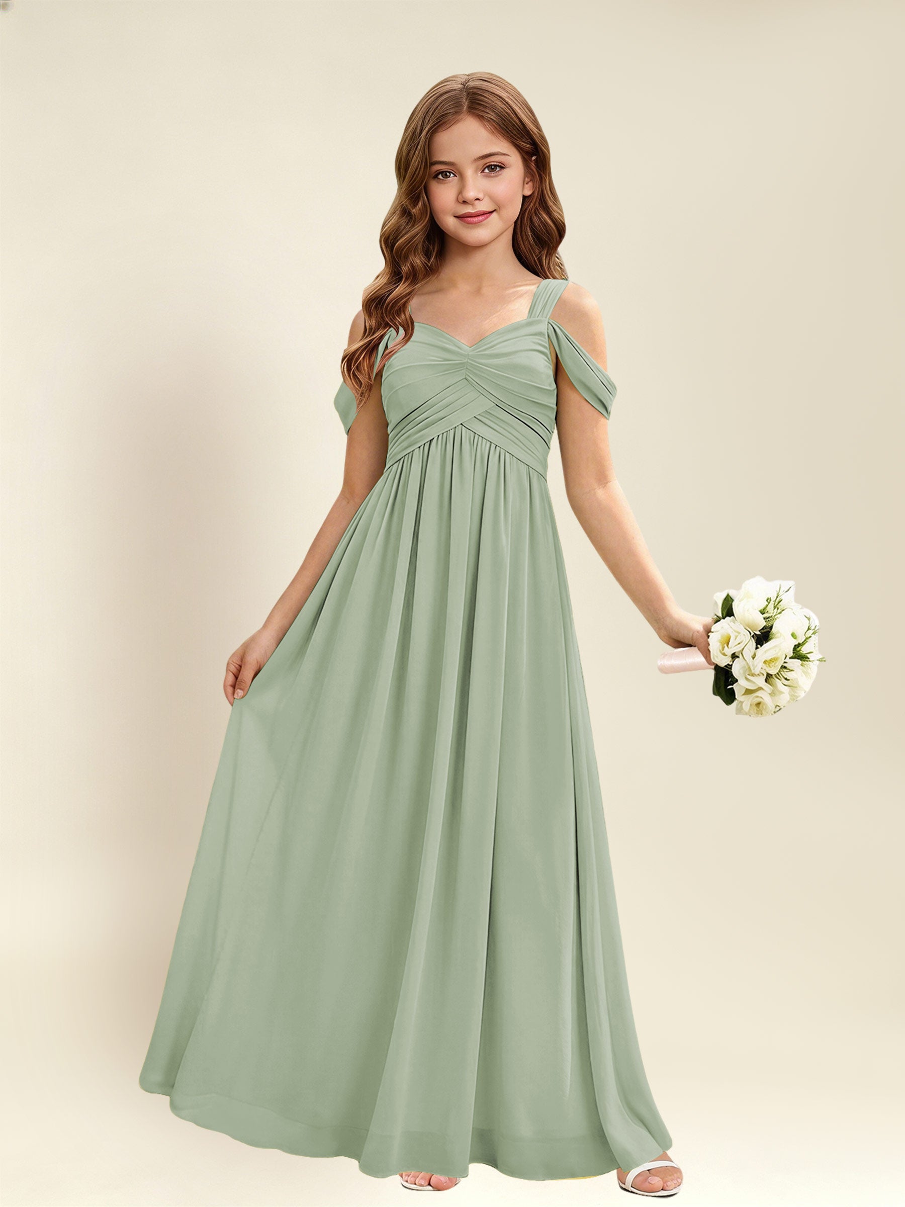 ROVDESY A-Line Off The Shoulder Pleated Chiffon Junior Bridesmaid Dress