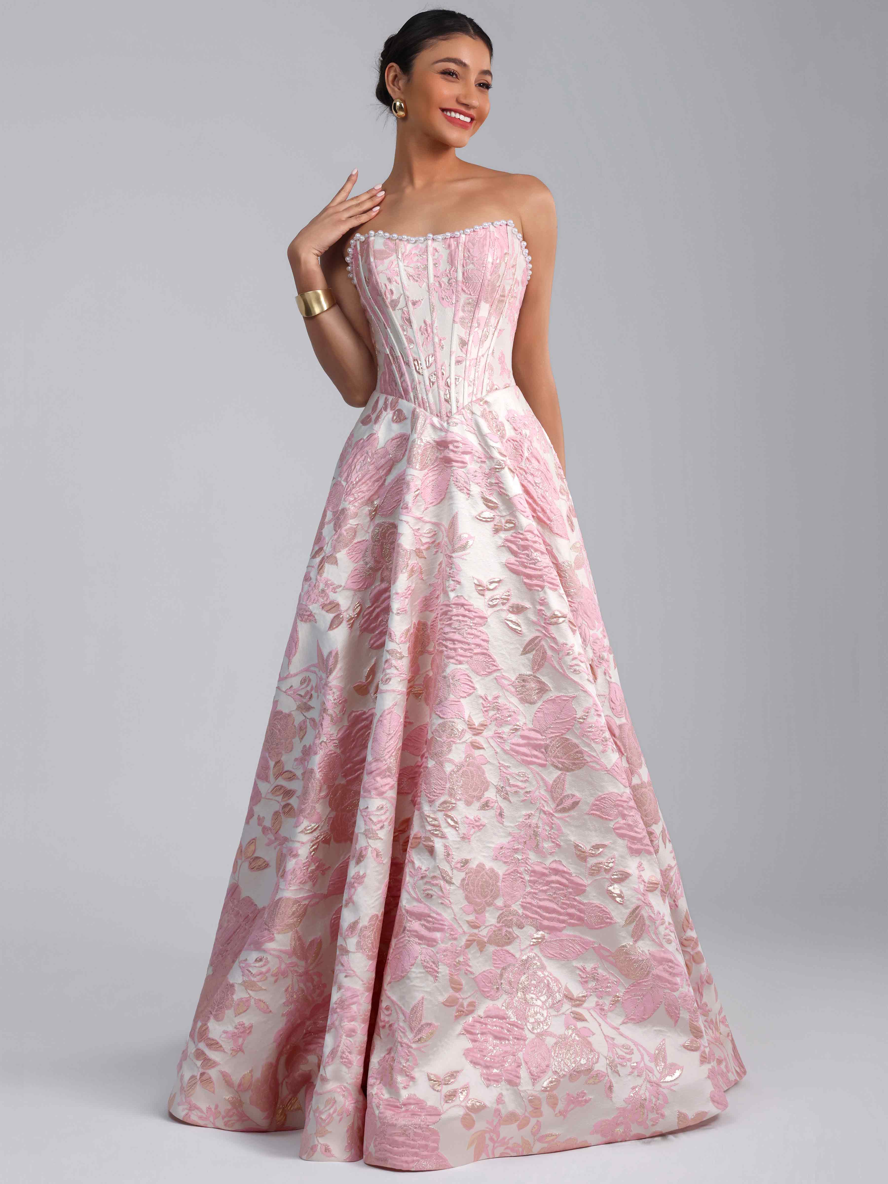 ROVDESY A-Line Strapless Jacquard Satin Prom Dress Long Ball Gown