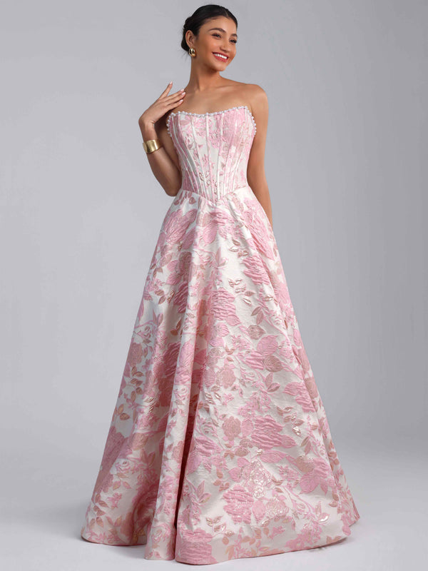 A-Line Strapless Jacquard Satin Prom Dress Long Ball Gown