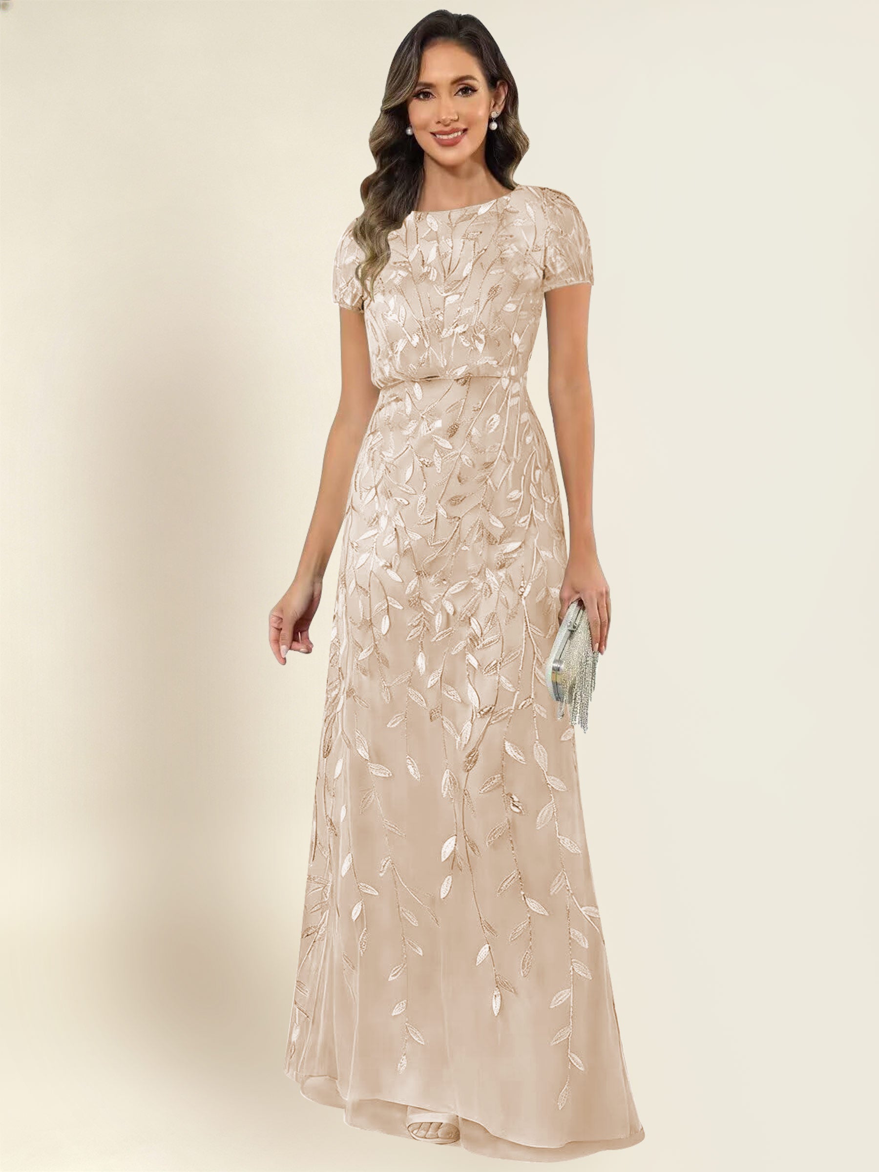 ROVDESY Sequin Mermaid Long Mother Of The Bride Dress With Short Sleeves Formal Gown