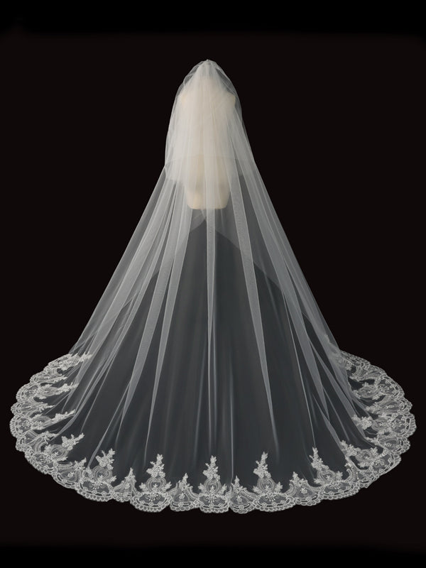 Two-Tier Cathedral Wedding Veil with Vintage Floral Lace Trim & Metal Comb
