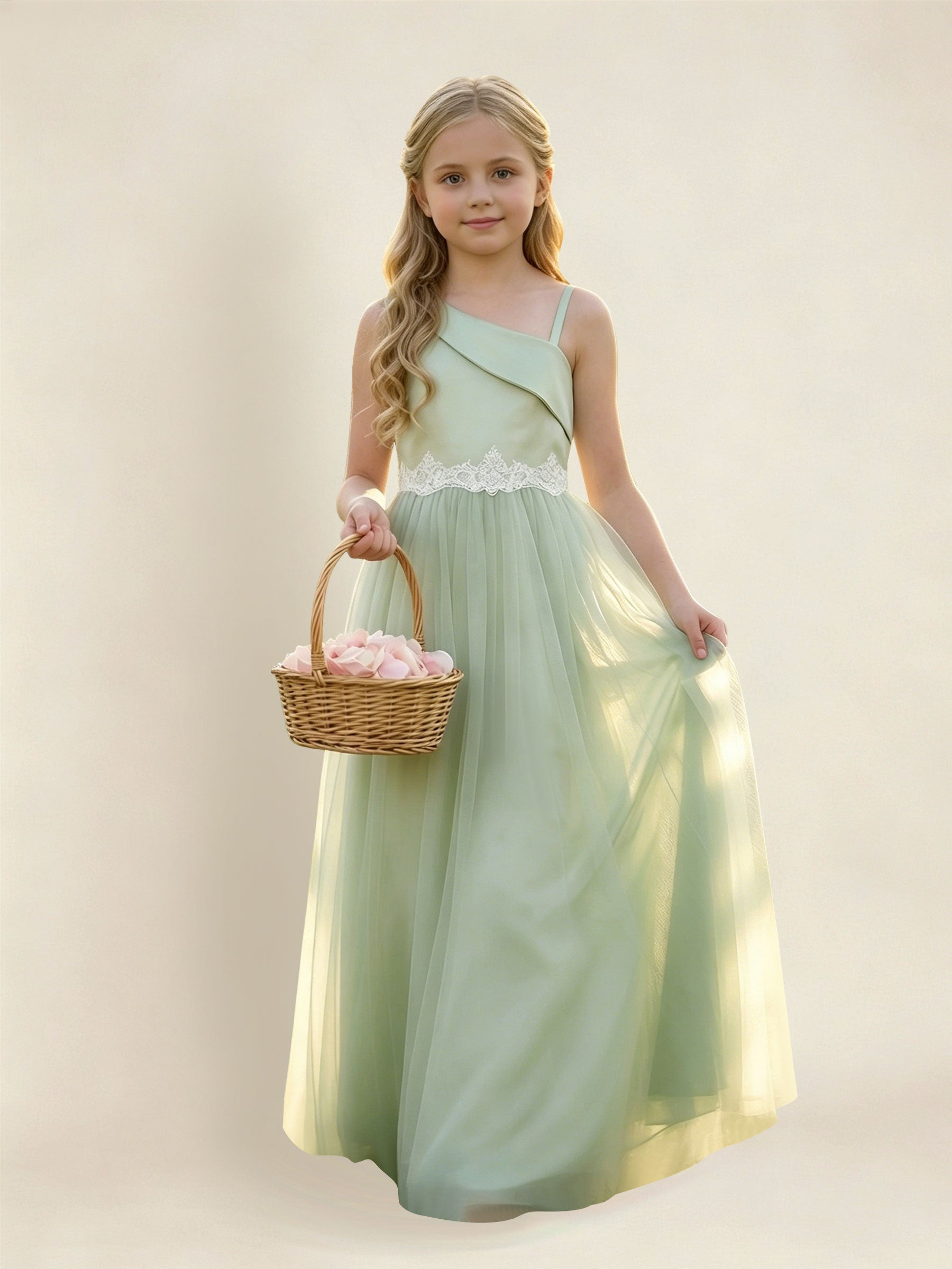 ROVDESY Asymmetric One Shoulder  Satin  Tulle Junior Bridesmaid Dress