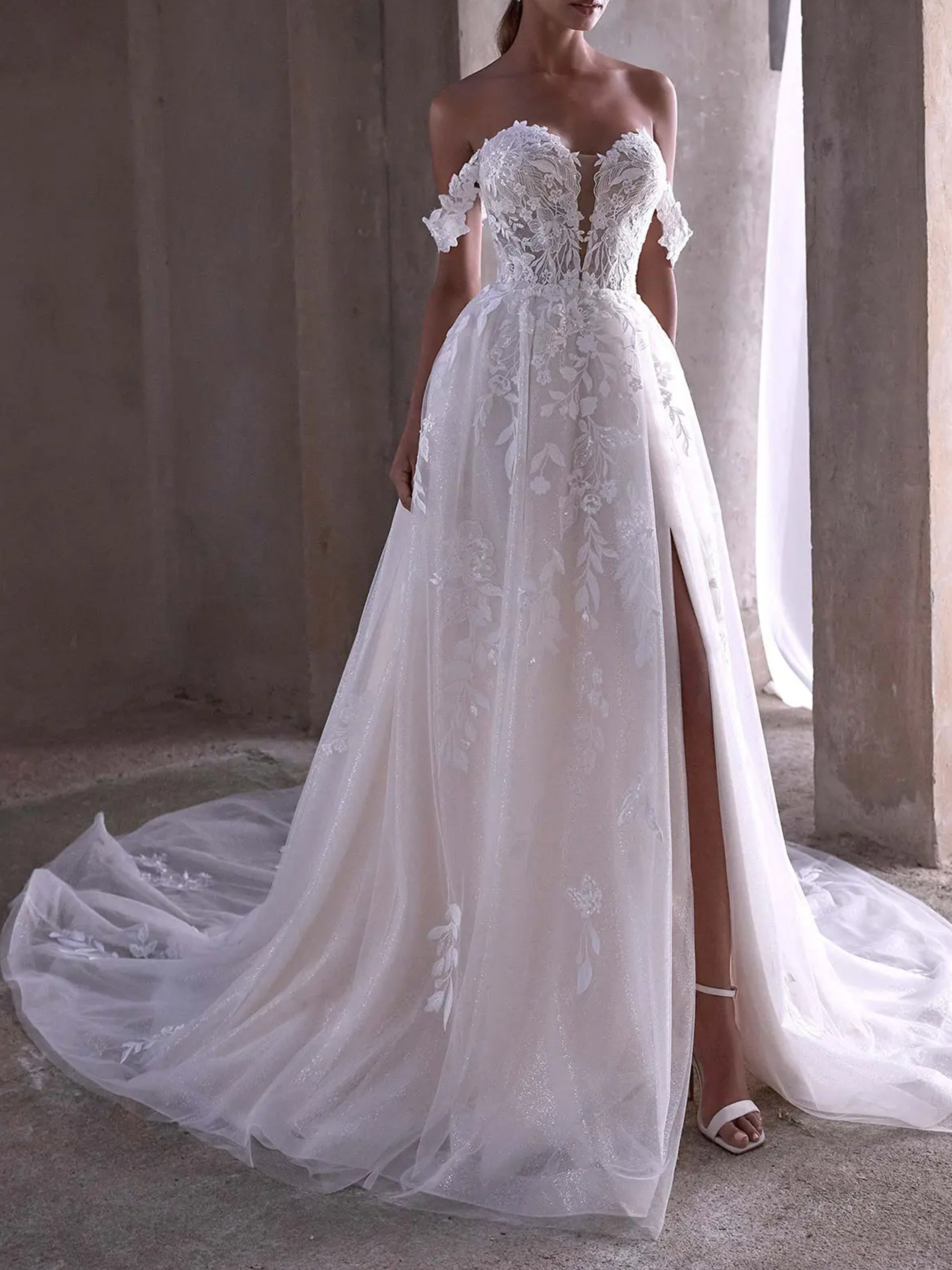 ROVDESY  Off The Shoulder A-Line Sweetheart Lace Wedding Dress Bridal Gown With Slit