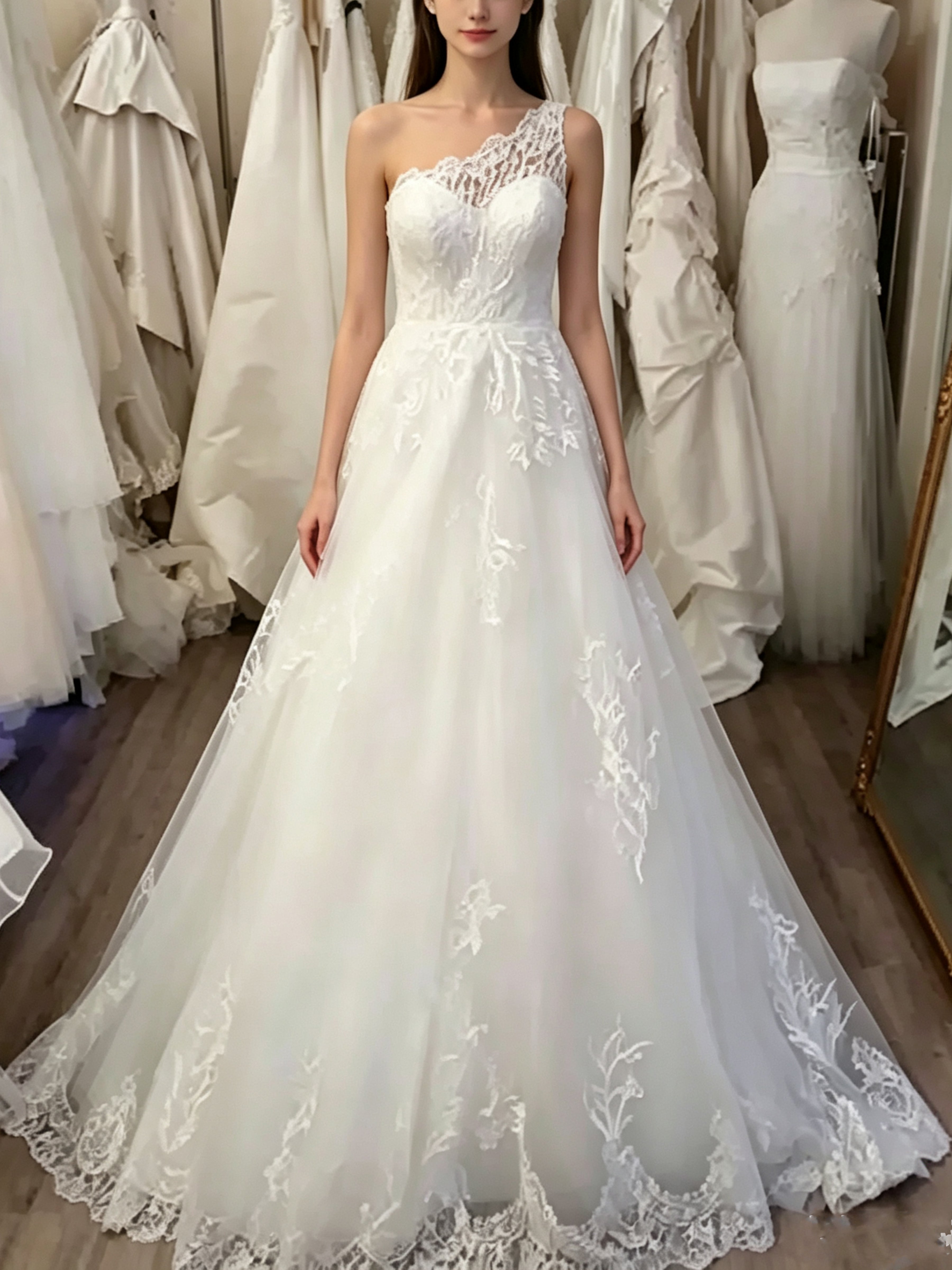 ROVDESY  One Shoulder Lace A-Line Tulle Wedding Dress Bridal Gown
