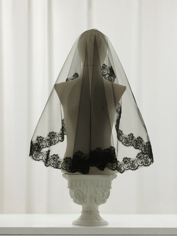 Single Tier Fingertip Length Black Floral Lace Bridal Veil