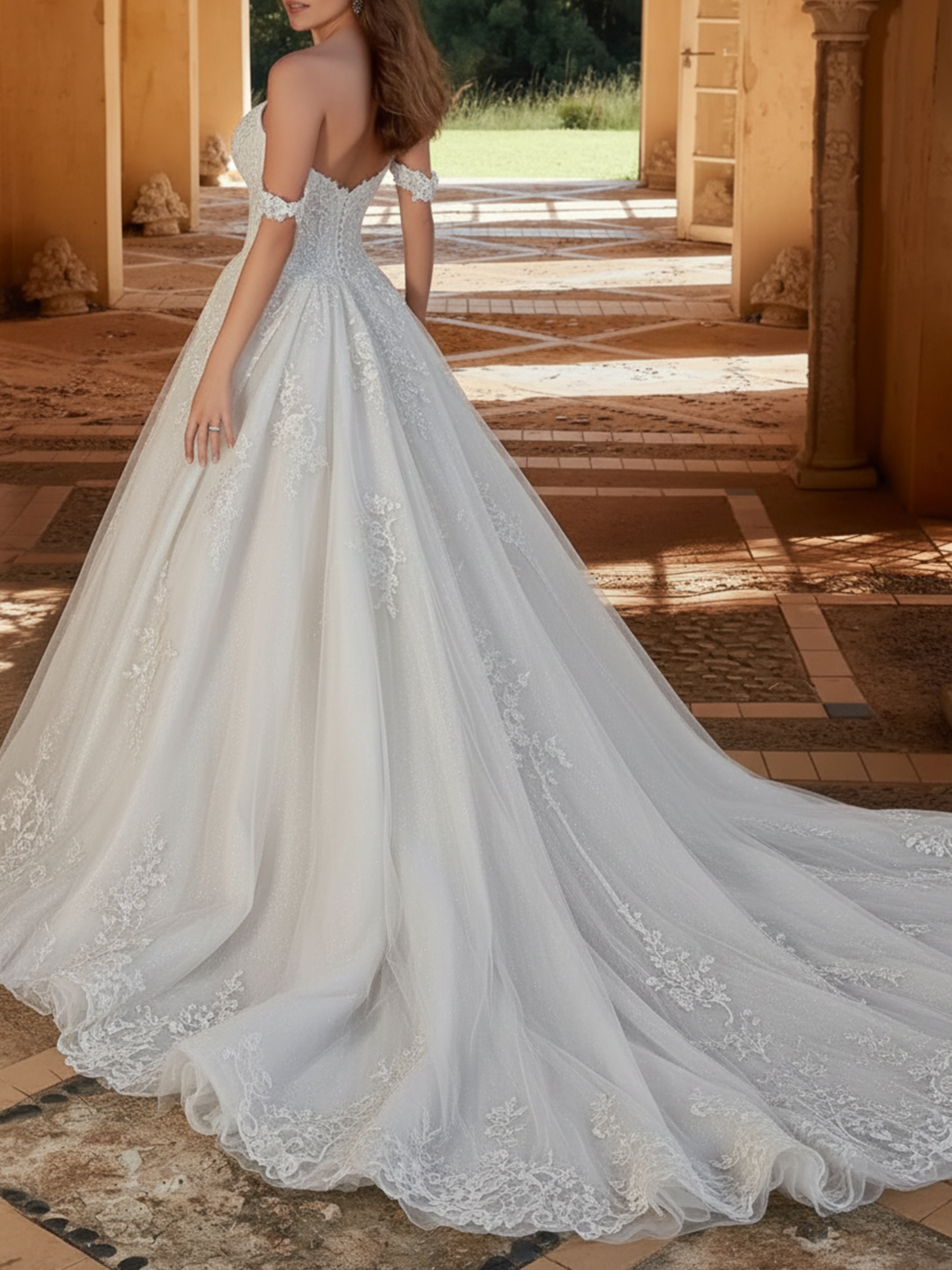 ROVDESY Off The Shoulder Sweetheart Lace Ball Gown Wedding  Dress Bridal Gown With Train
