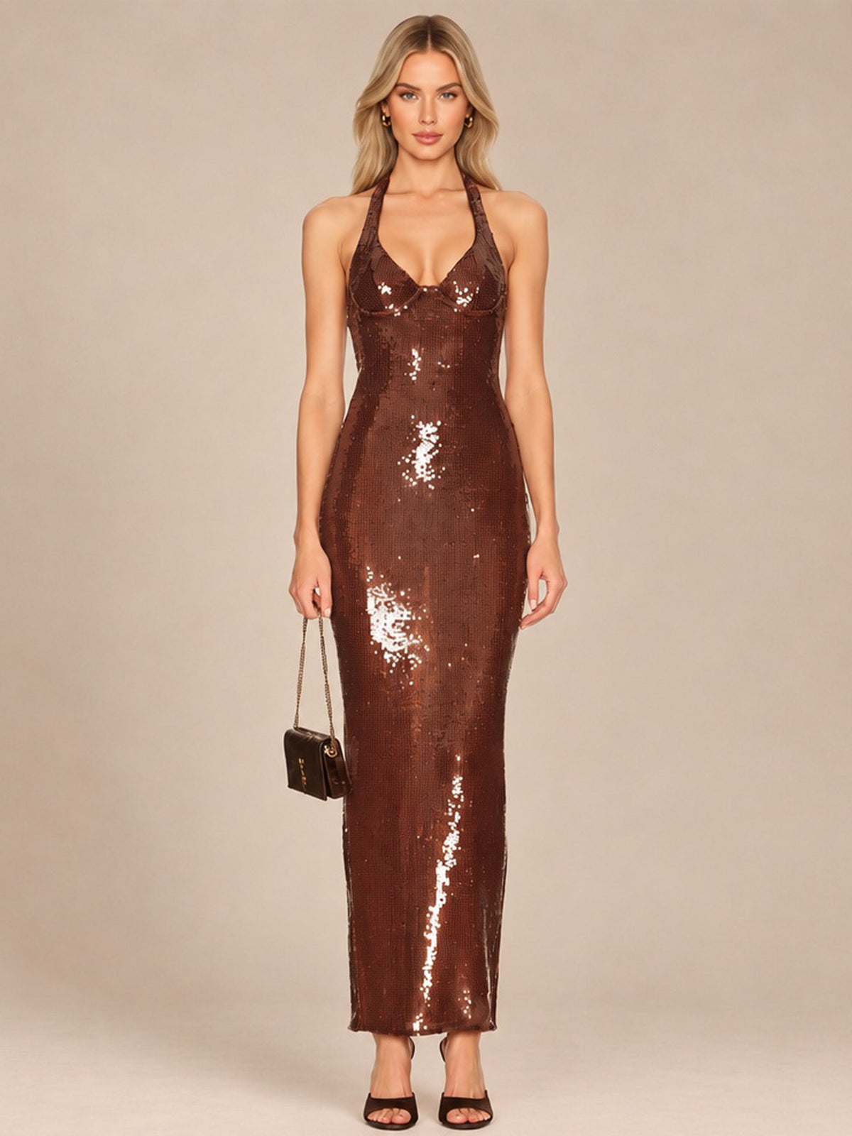 Halter Sequin Midi Bodycon Evening Dress with Open Back Tie