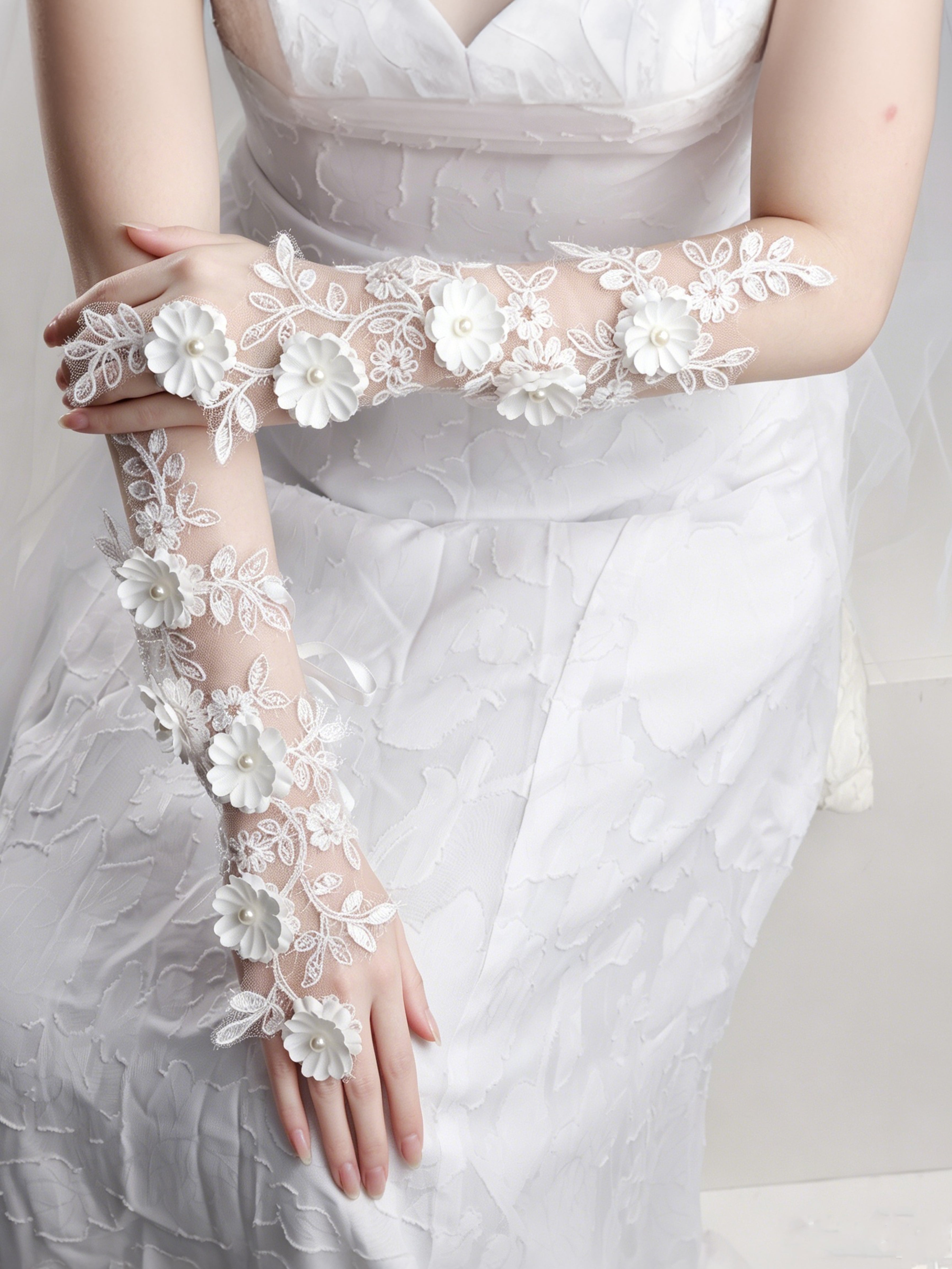 ROVDESY Delicate 3D Floral Lace Sheer Bridal Gloves with Pearl Details