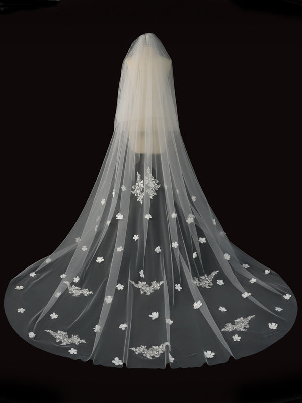 Two-Tier Cathedral Wedding Veil with 3D Fabric Flowers & Floral Lace Applique
