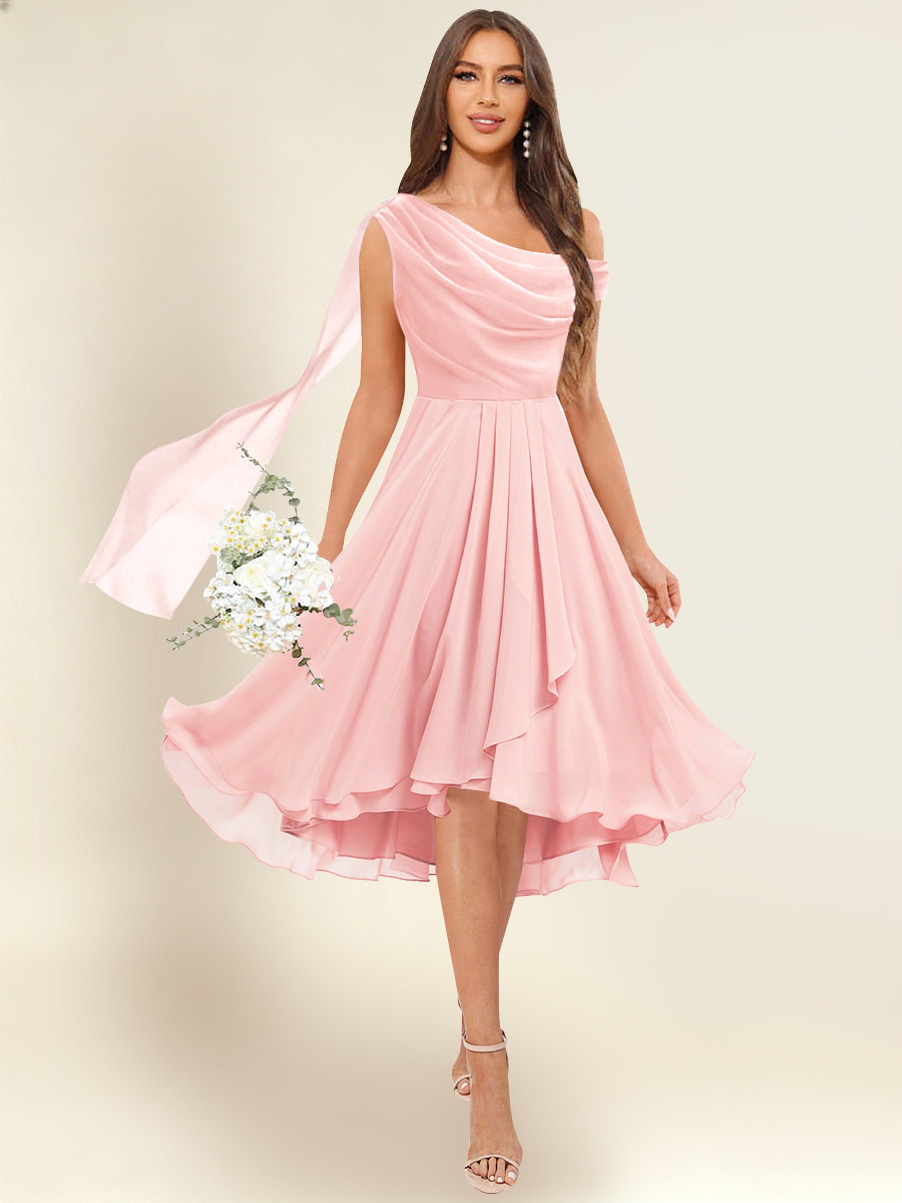 ROVDESY A-Line One Shoulder Pleated Chiffon Bridesmaid Dress With Flowing Sash
