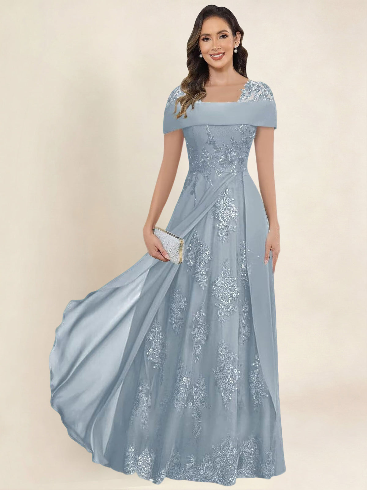 ROVDESY A-Line Off The Shoulder Lace Chiffon Long Mother of the Bride Dress Formal Gown