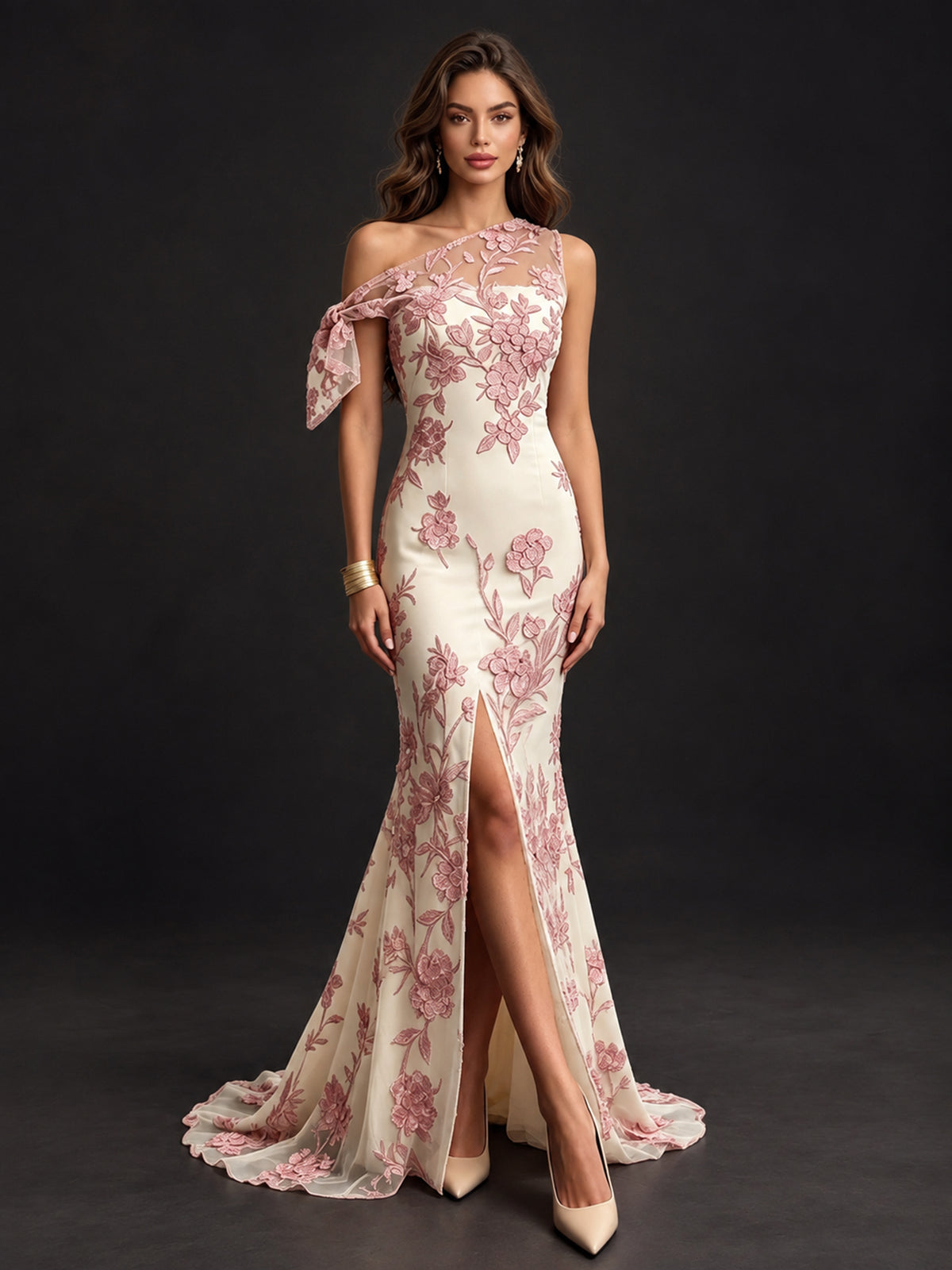 One Shoulder Floral Tulle Mermaid Formal Prom Dress with Slit