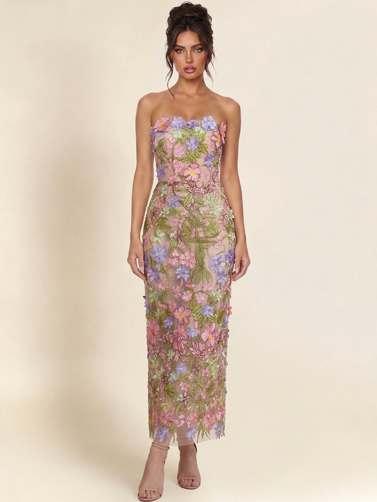 Strapless 3D Floral Lace Midi Bodycon Formal Dress