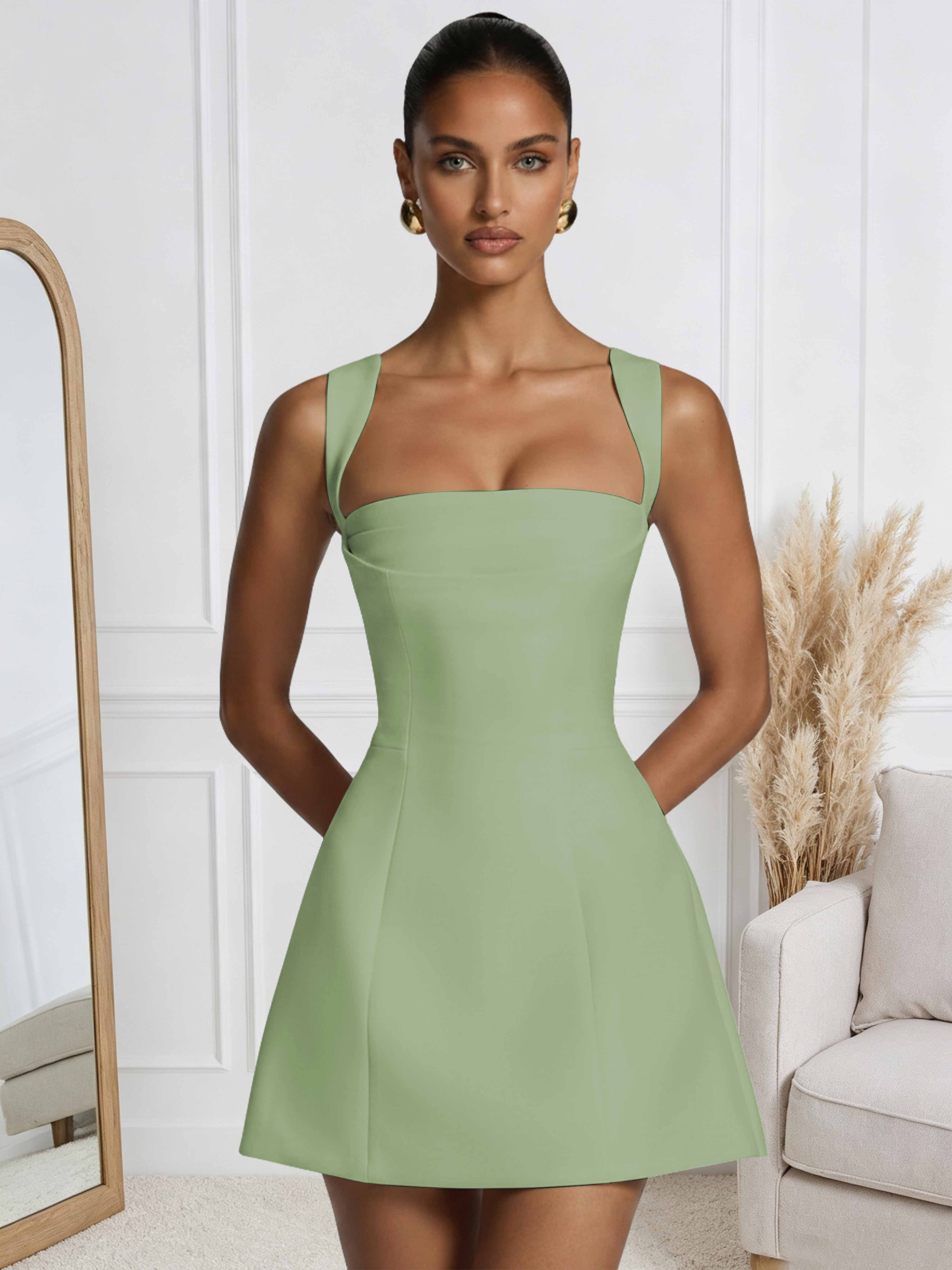 ROVDESY A-Line Square Neck Satin Homecoming Mini Dress