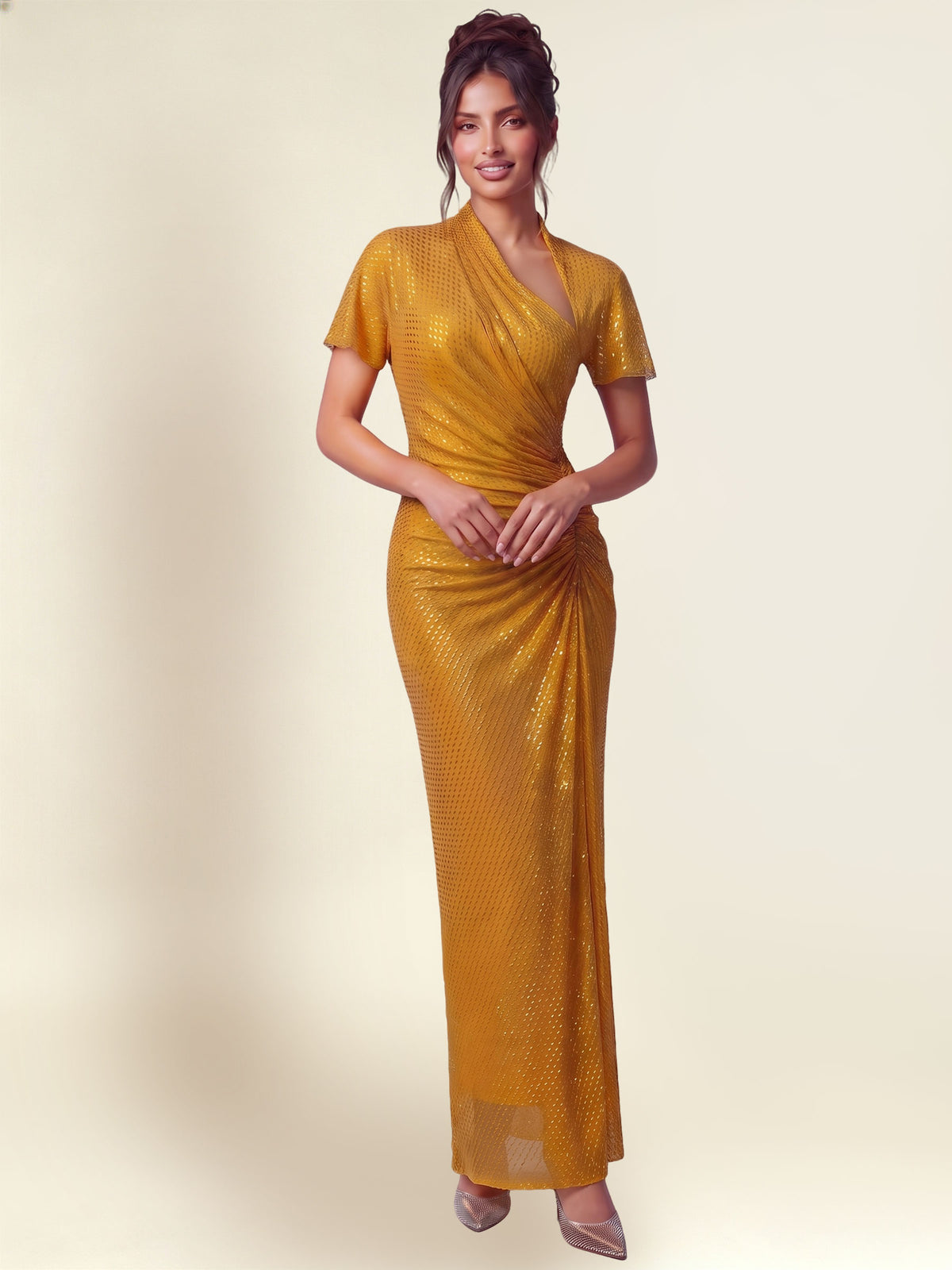 Golden Tube?Rhinestone Wrap Maxi Formal Dress With Asymmetrical Cutout Neck