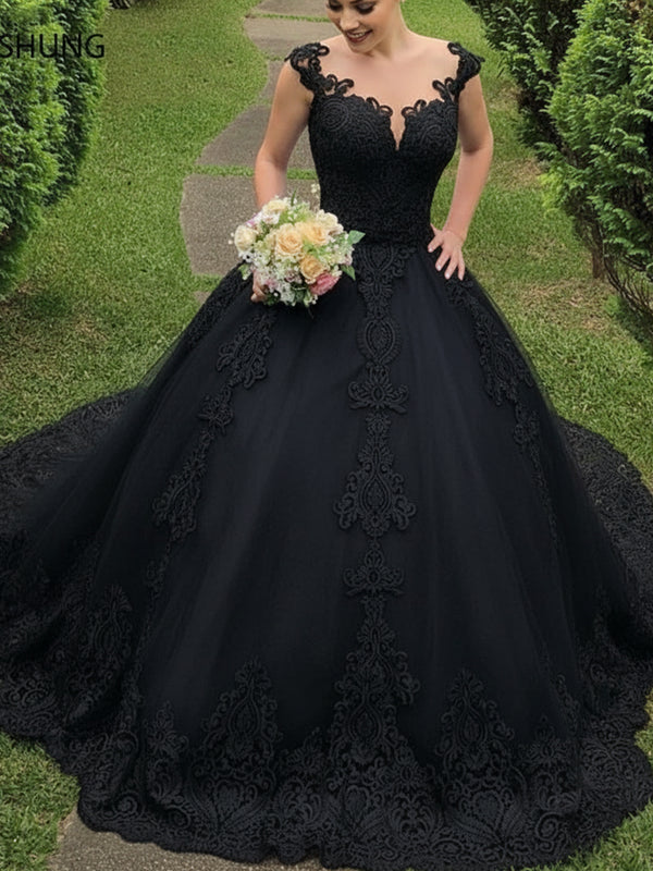 Cap Sleeve Illusion Lace Applique Ball Gown Wedding Dress for Bride
