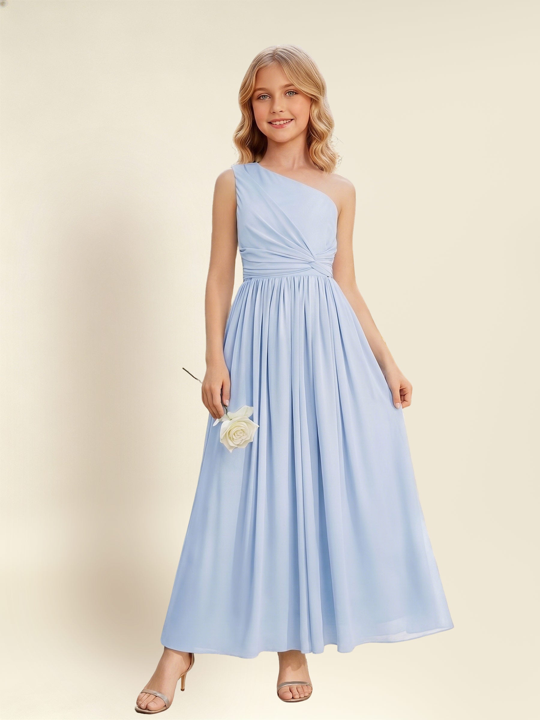 ROVDESY One Shoulder Twist Waist Chiffon Junior Bridesmaid Maxi Dress