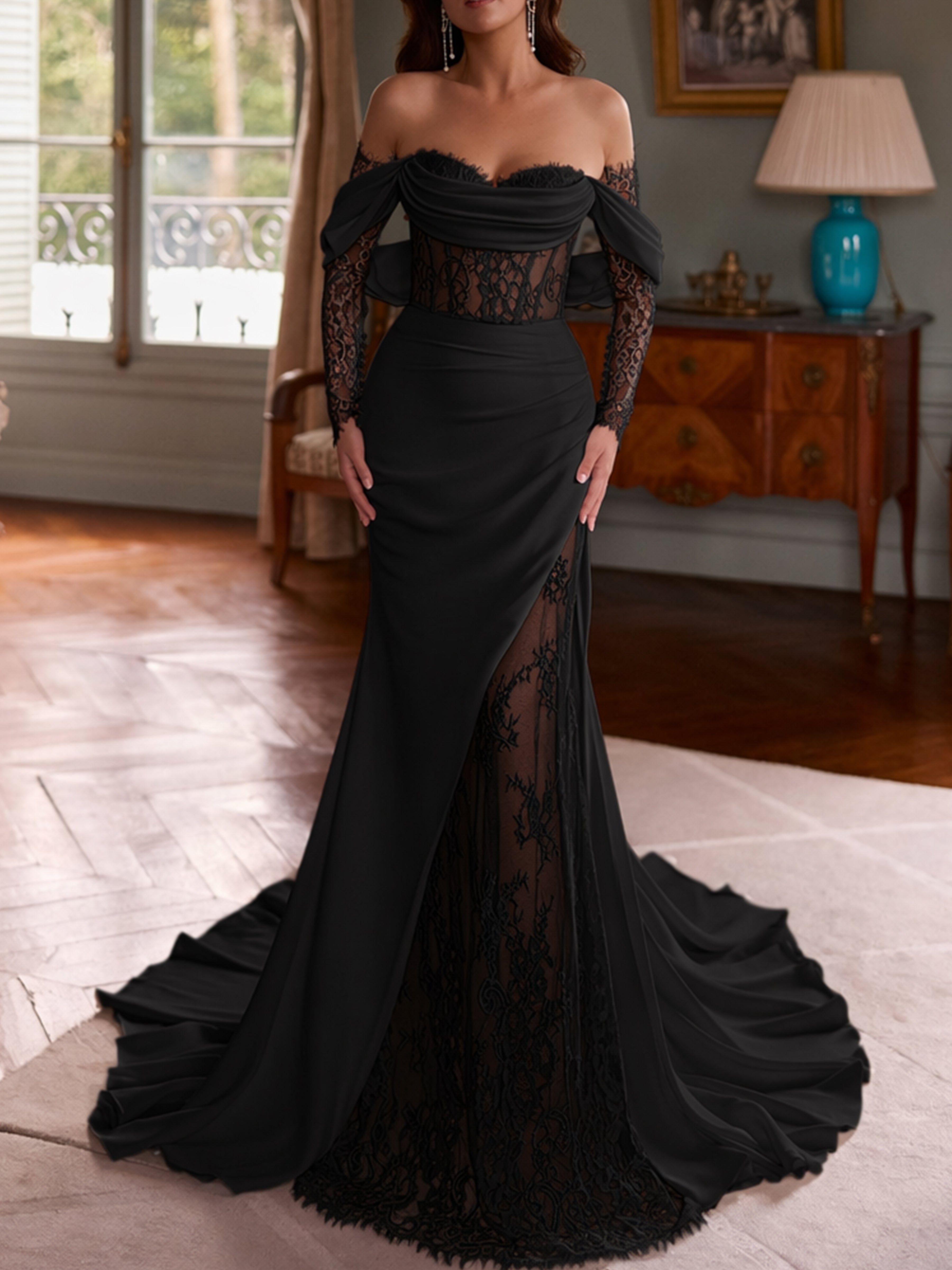 ROVDESY Off The Shoulder Long Sleeve Lace Mermaid Wedding Dress Bridal Gown With Slit