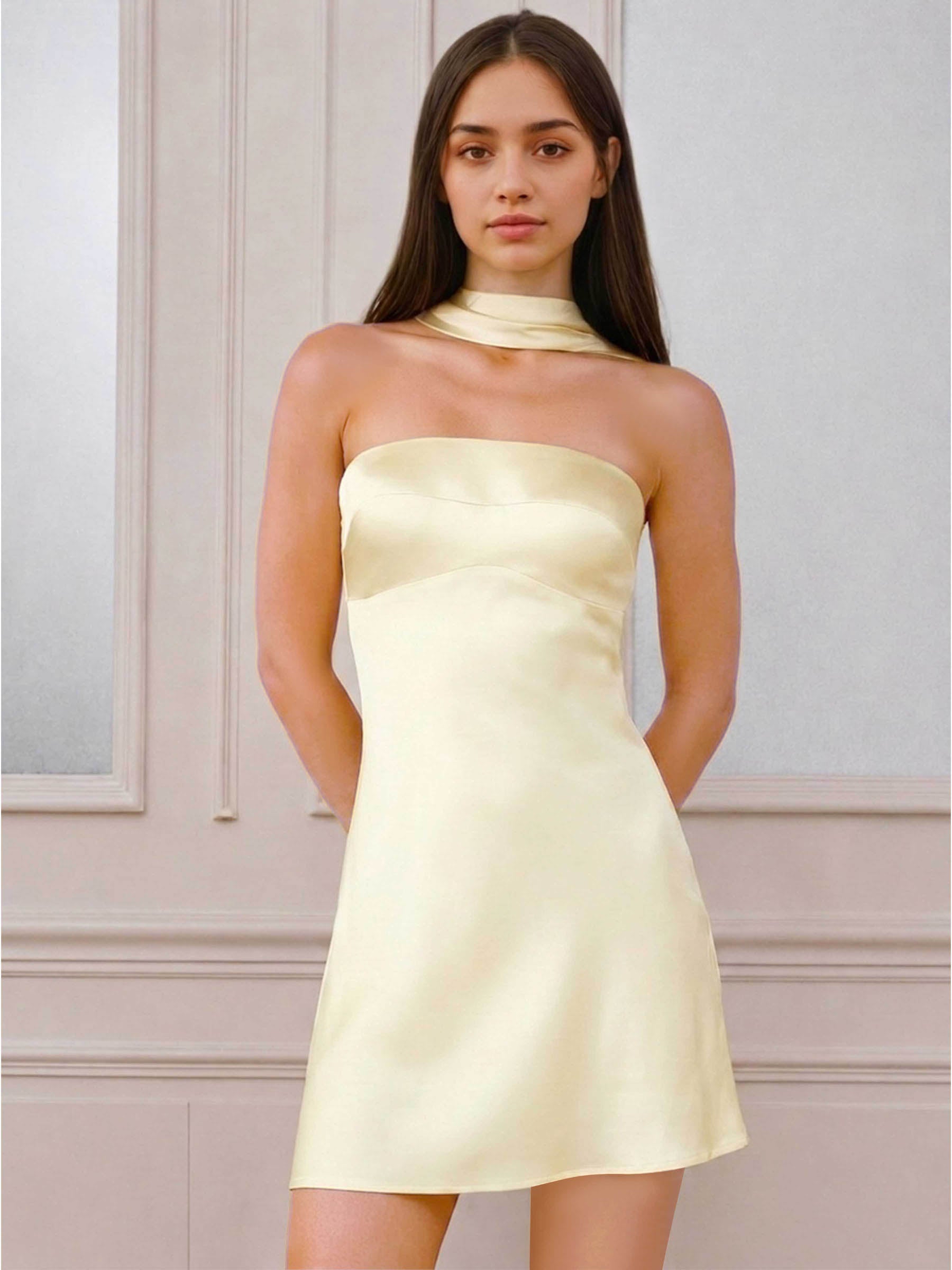 ROVDESY A-Line Halter Neck Satin Homecoming Mini Dress