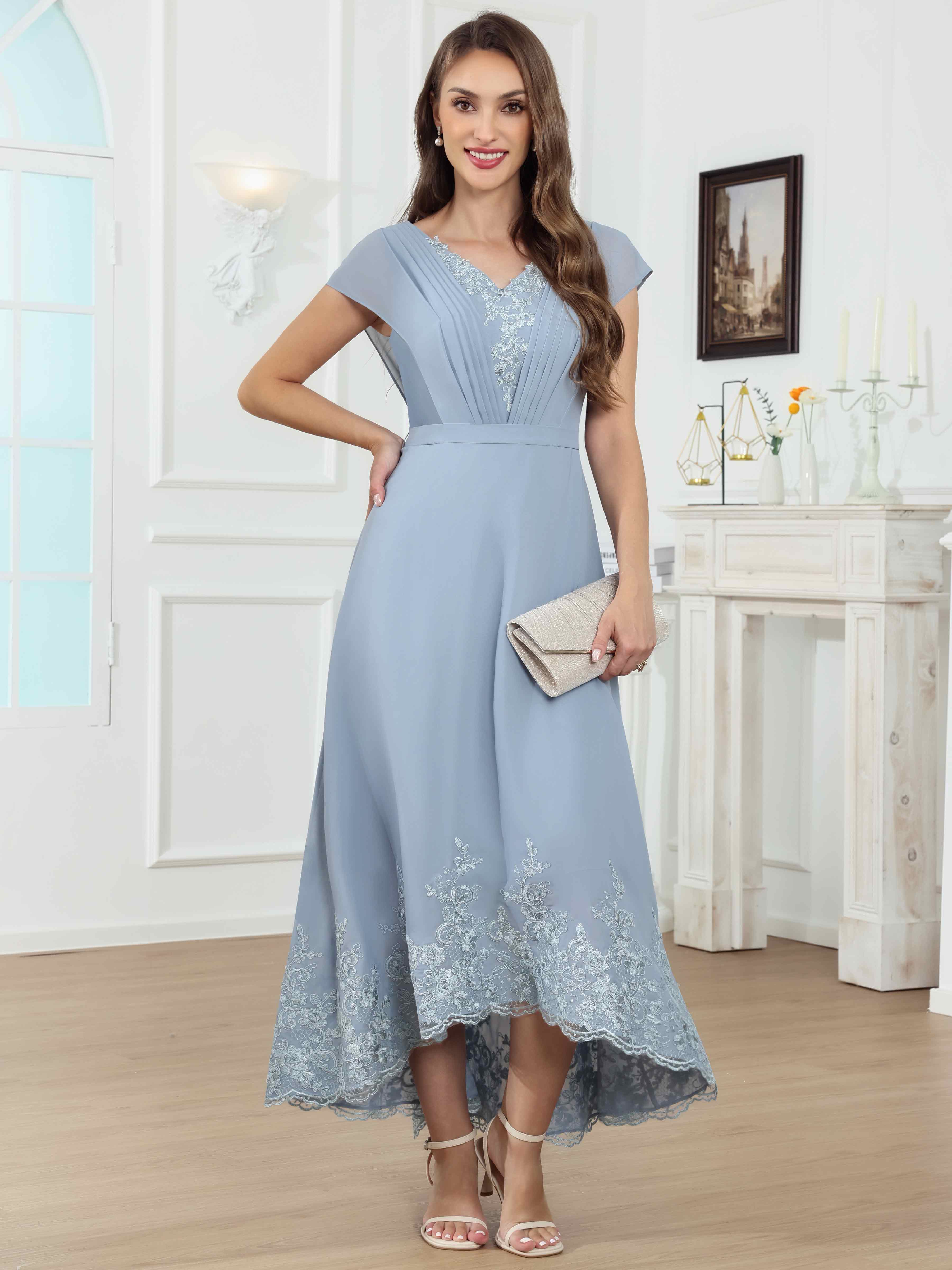 ROVDESY Tea Length High-Low V-Neck Ruched Lace Chiffon Mother of The Bride Dress for Women