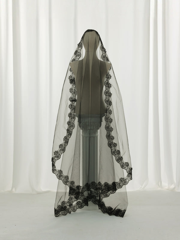 Single Tier Chapel Length Black Floral Lace Bridal Veil