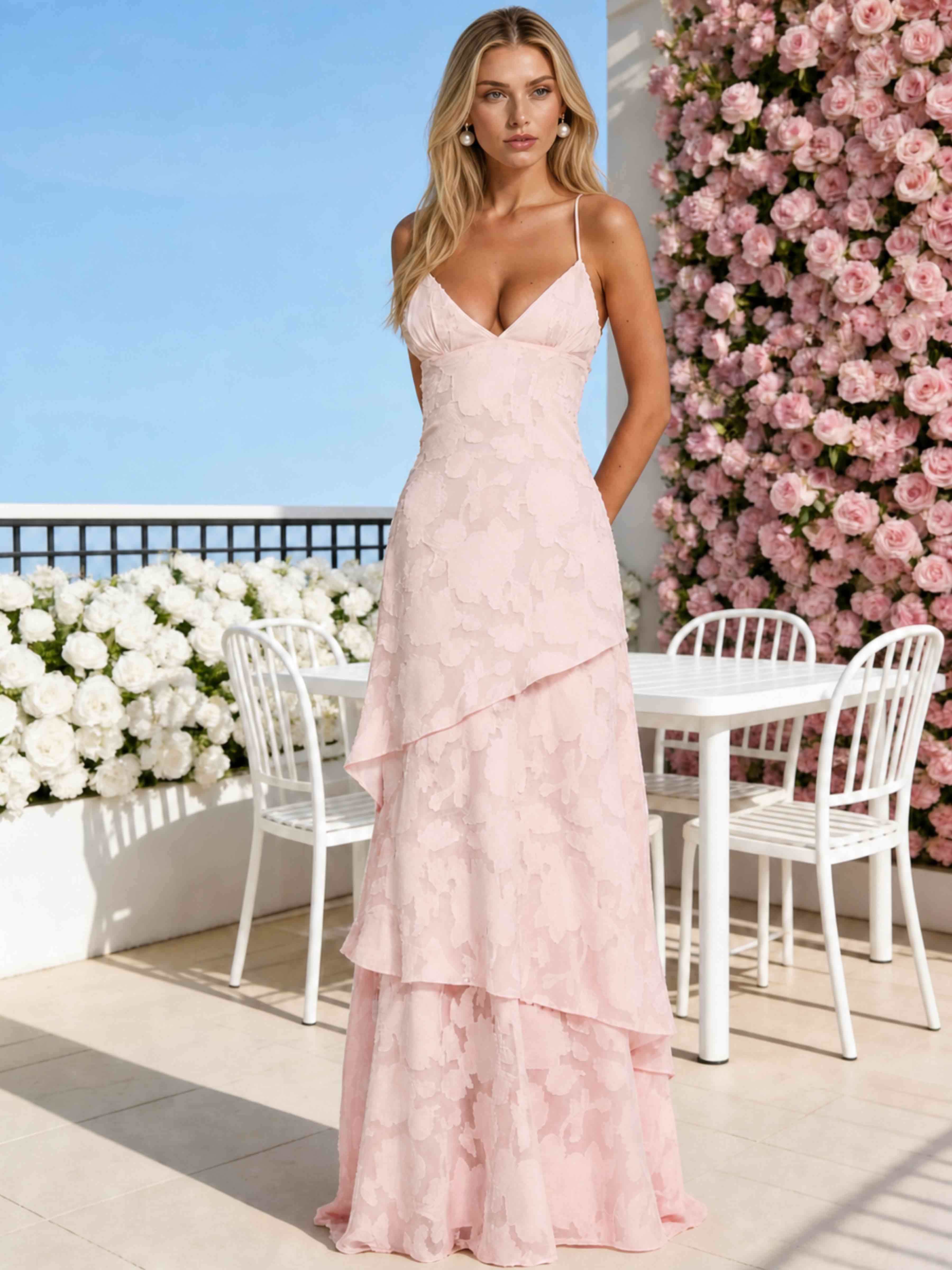 ROVDESY Spaghetti Strap V-Neck Chiffon Jacquard Tiered Ruffle Long Bridesmaid/Prom Dress
