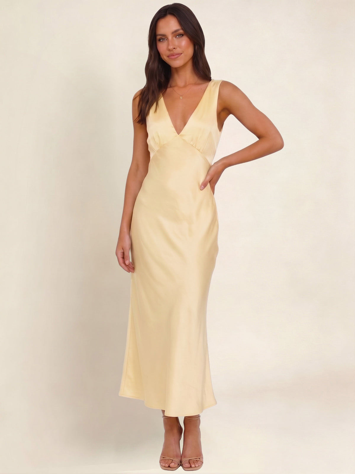 Elegant Deep V-Neck Satin Midi Bridesmaid Dress