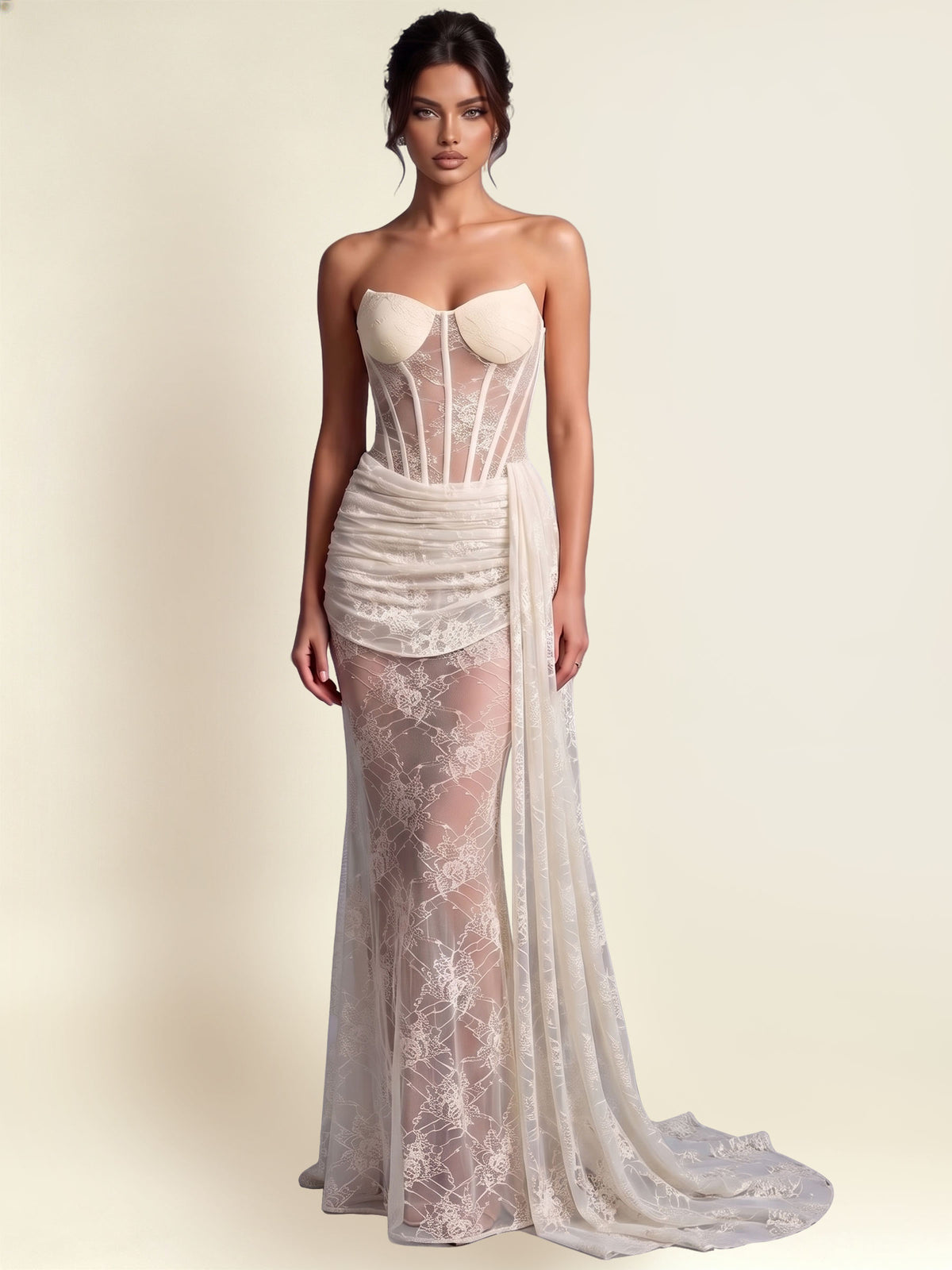 Strapless Illusion Lace Corset Mermaid Formal Gown With Draped Sash