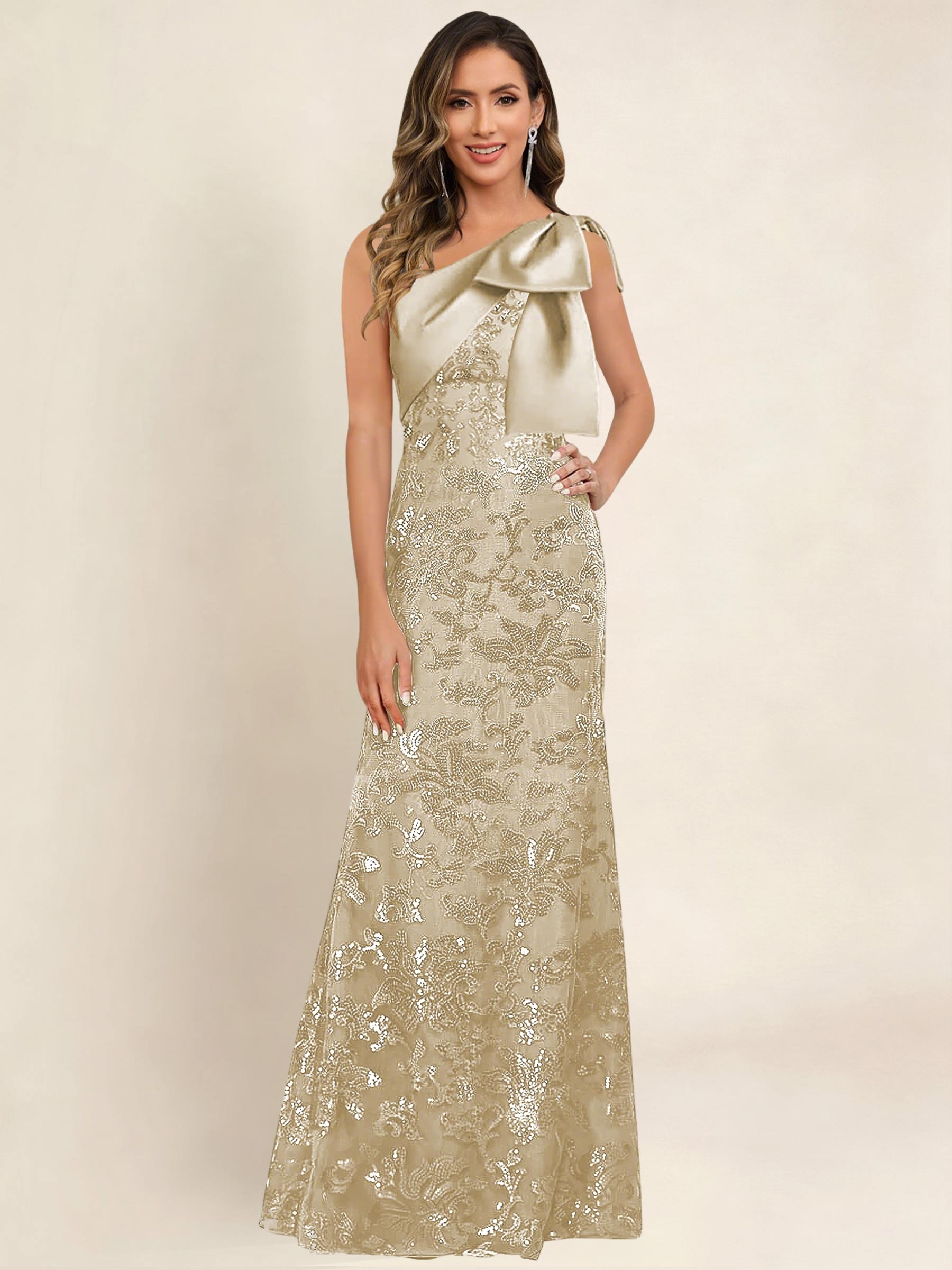 ROVDESY One Shoulder Sequin Mermaid Long Mother Of The Bride Dress Formal Gown With Bow