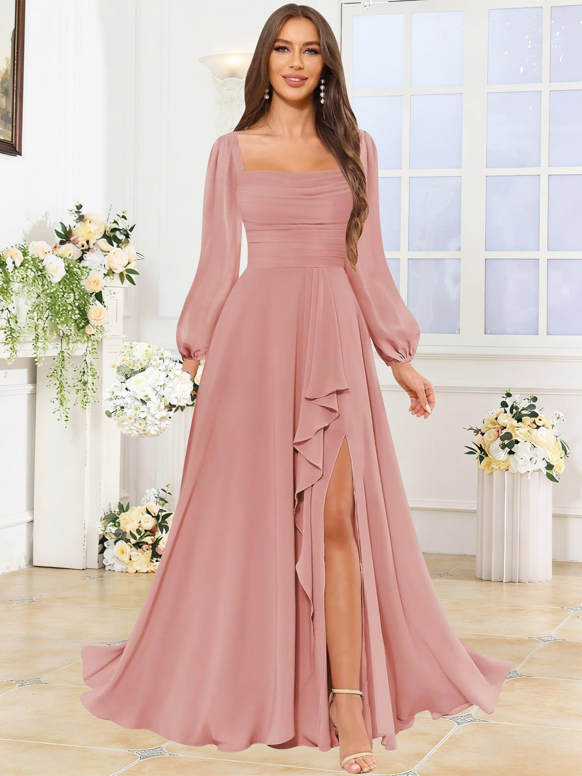 Square Neck Ruffle Slit Chiffon Long Bridesmaid Dress with Long Sleeves