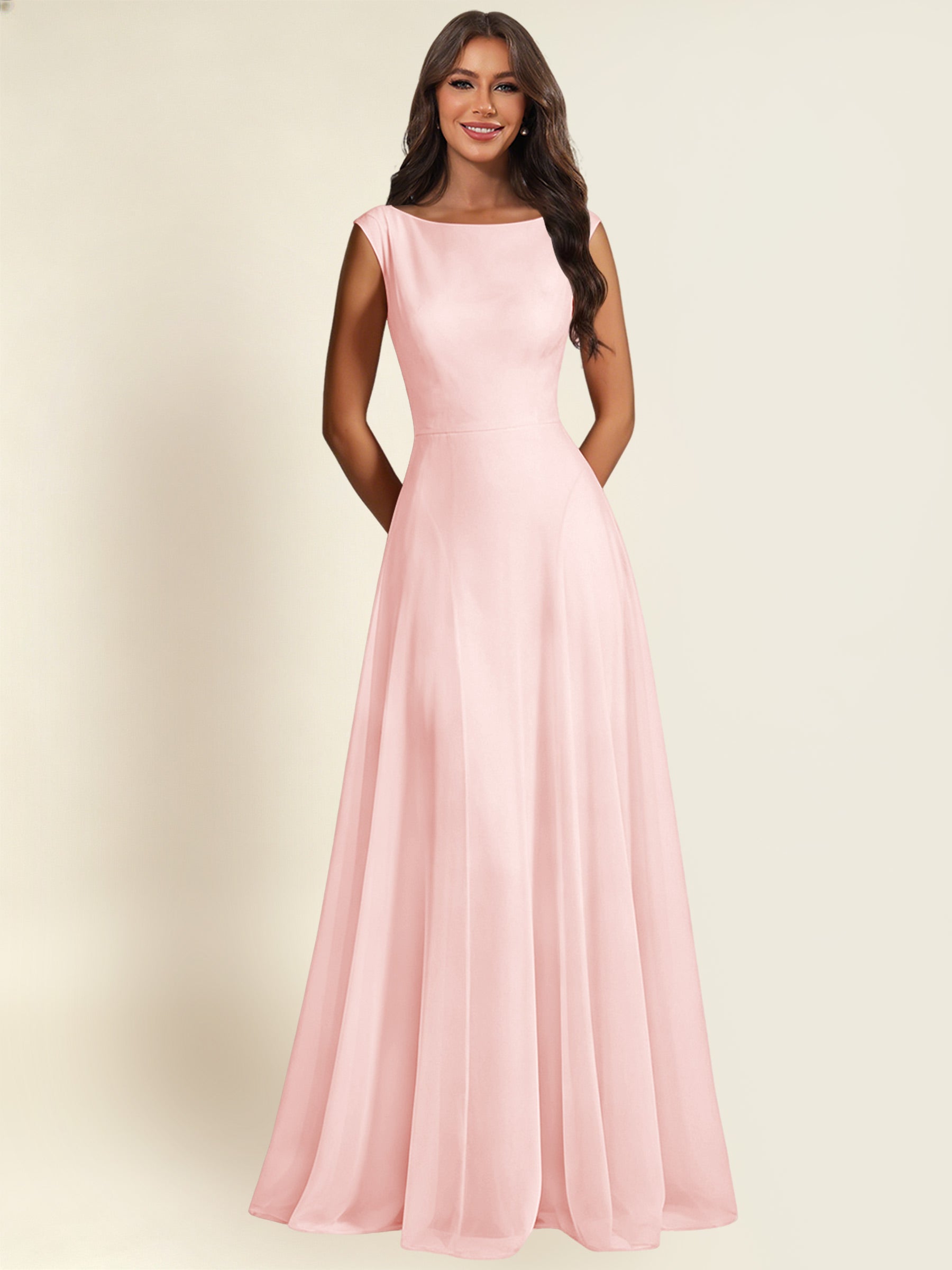 ROVDESY A-Line Chiffon Long Bridesmaid Dress With Sleeveless