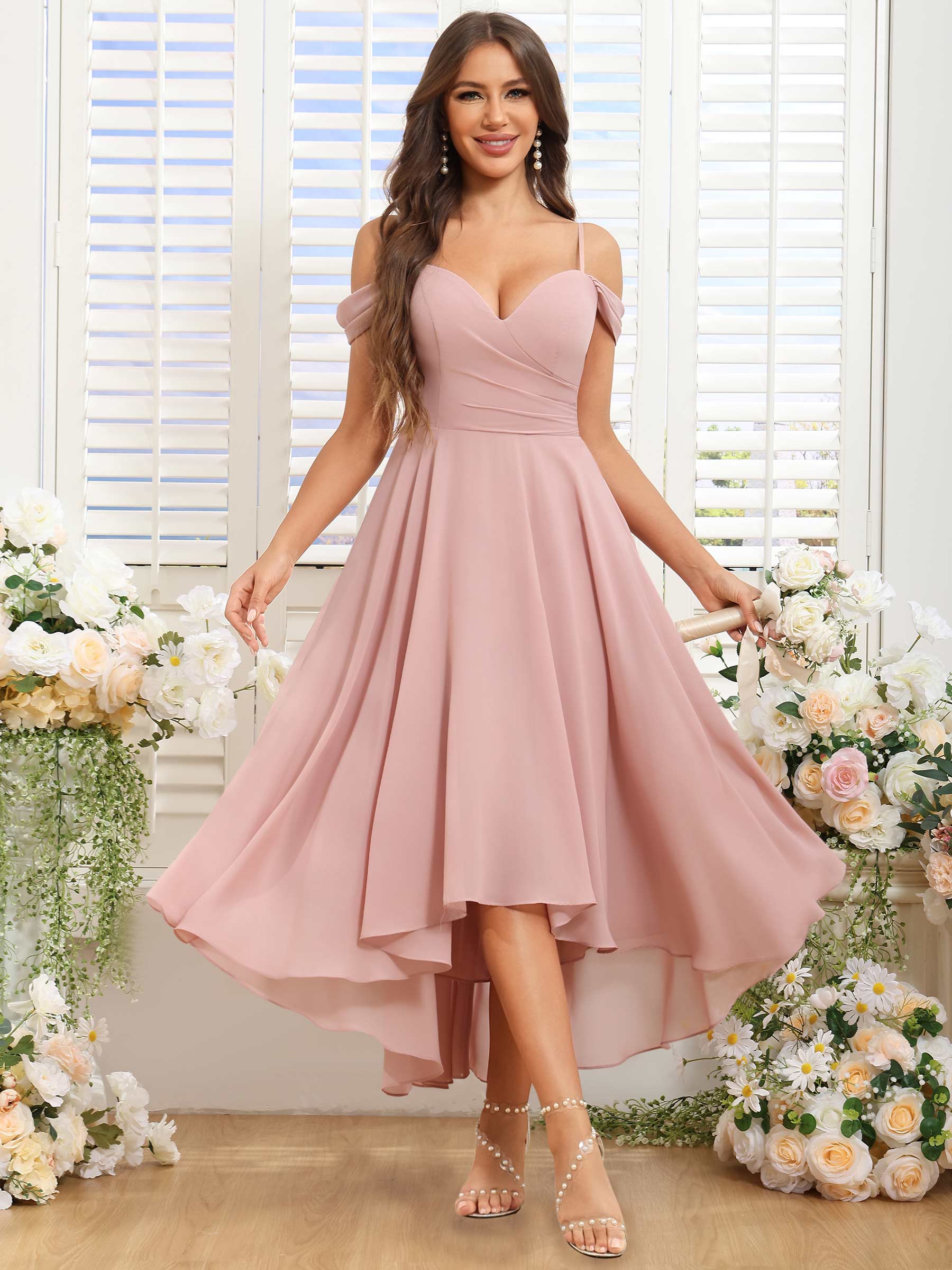 ROVDESY ROVDESY Short Cold Shoulder Sweetheart High Low Pleated Chiffon Bridesmaid Dress