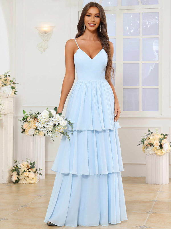V-Neck Spaghetti Straps Tiered Chiffon Bridesmaid Dress With Ruffles