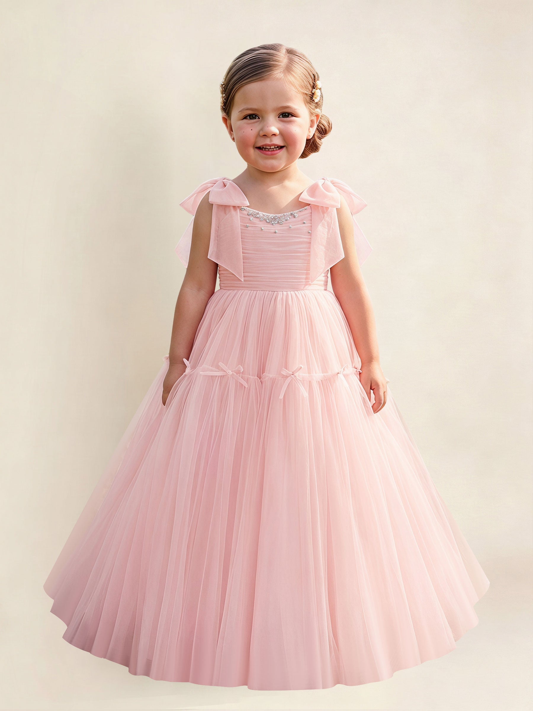 ROVDESY A-Line Tulle Flower Girl Dress With Bow Long Ball Gown Dress
