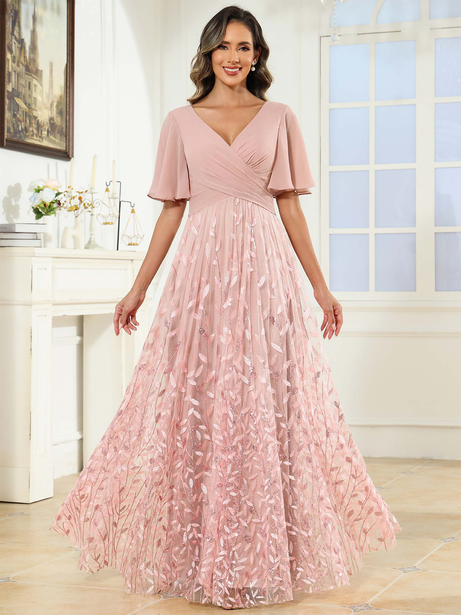 ROVDESY A-Line V-Neck Chiffon Sequin Mother Of The Bride Dress With Short Sleeves