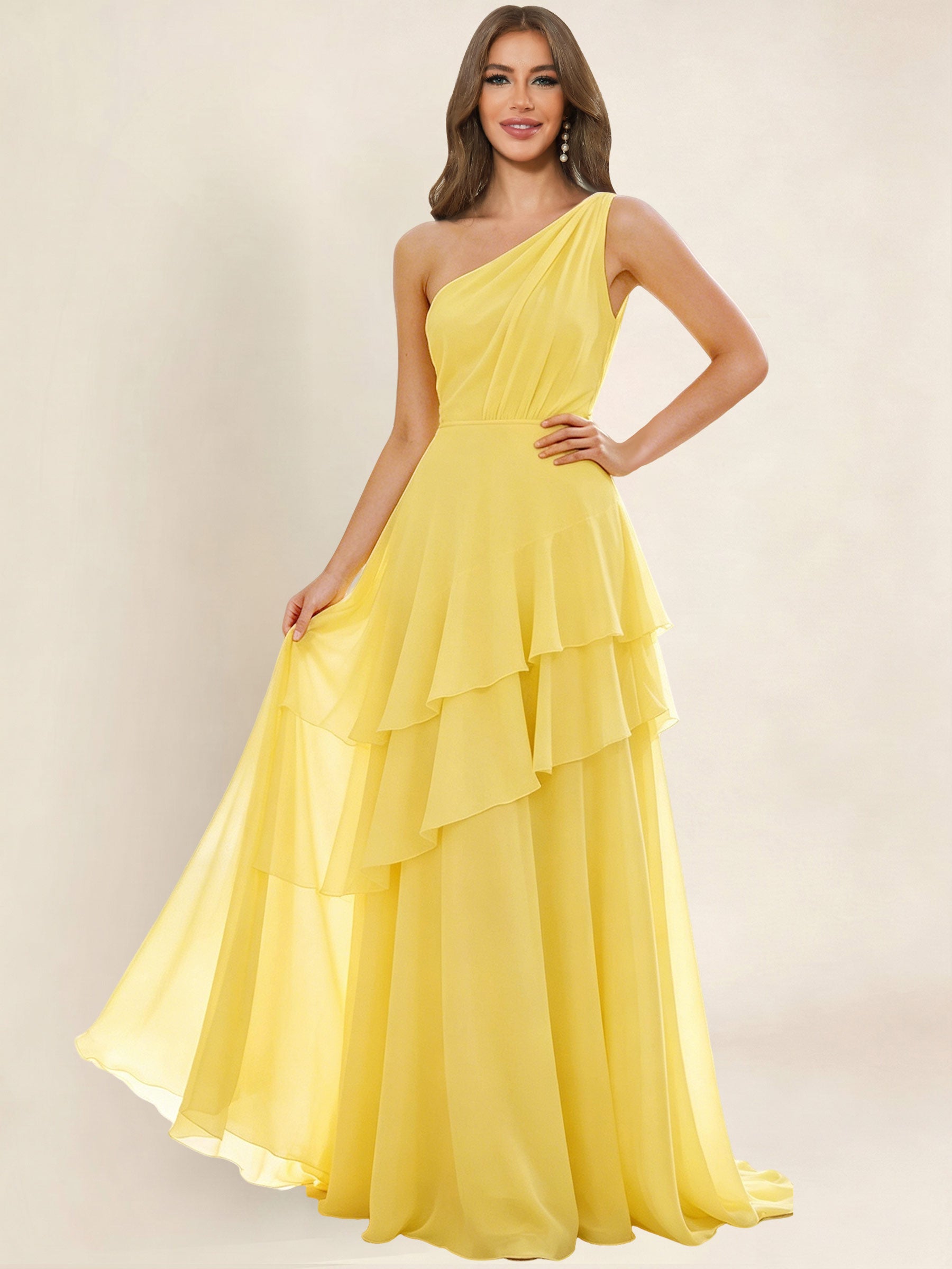 ROVDESY A-Line One Shoulder Pleated Tiered Chiffon Bridesmaid Dress