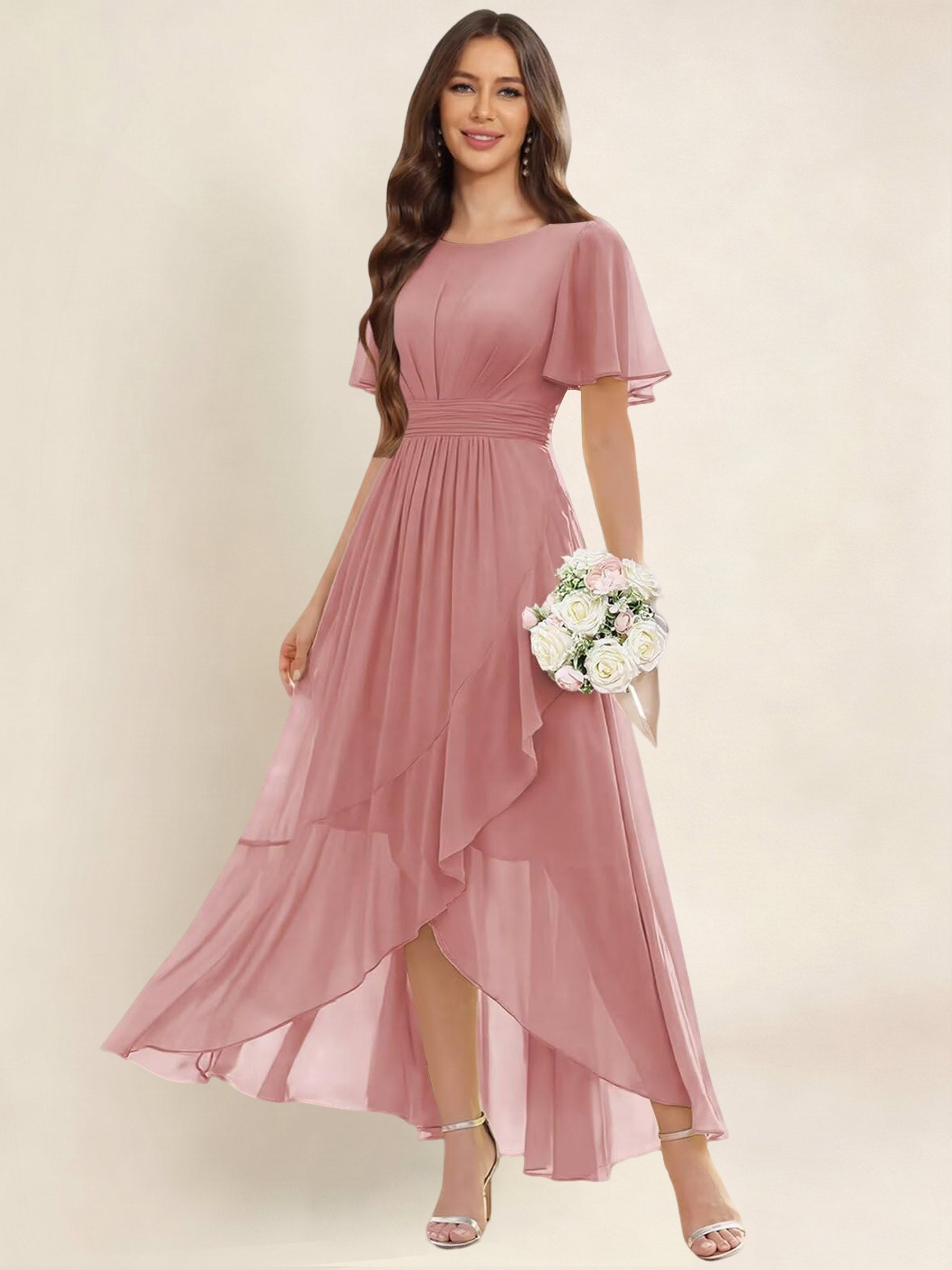ROVDESY A-Line High Low Round Neck Pleated Ruffle Chiffon Bridesmaid Dress With Short Sleeves