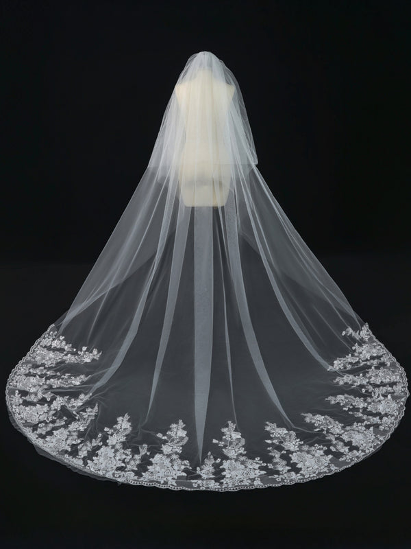 Two-Tier Cathedral Wedding Veil with Floral Lace Applique & Comb